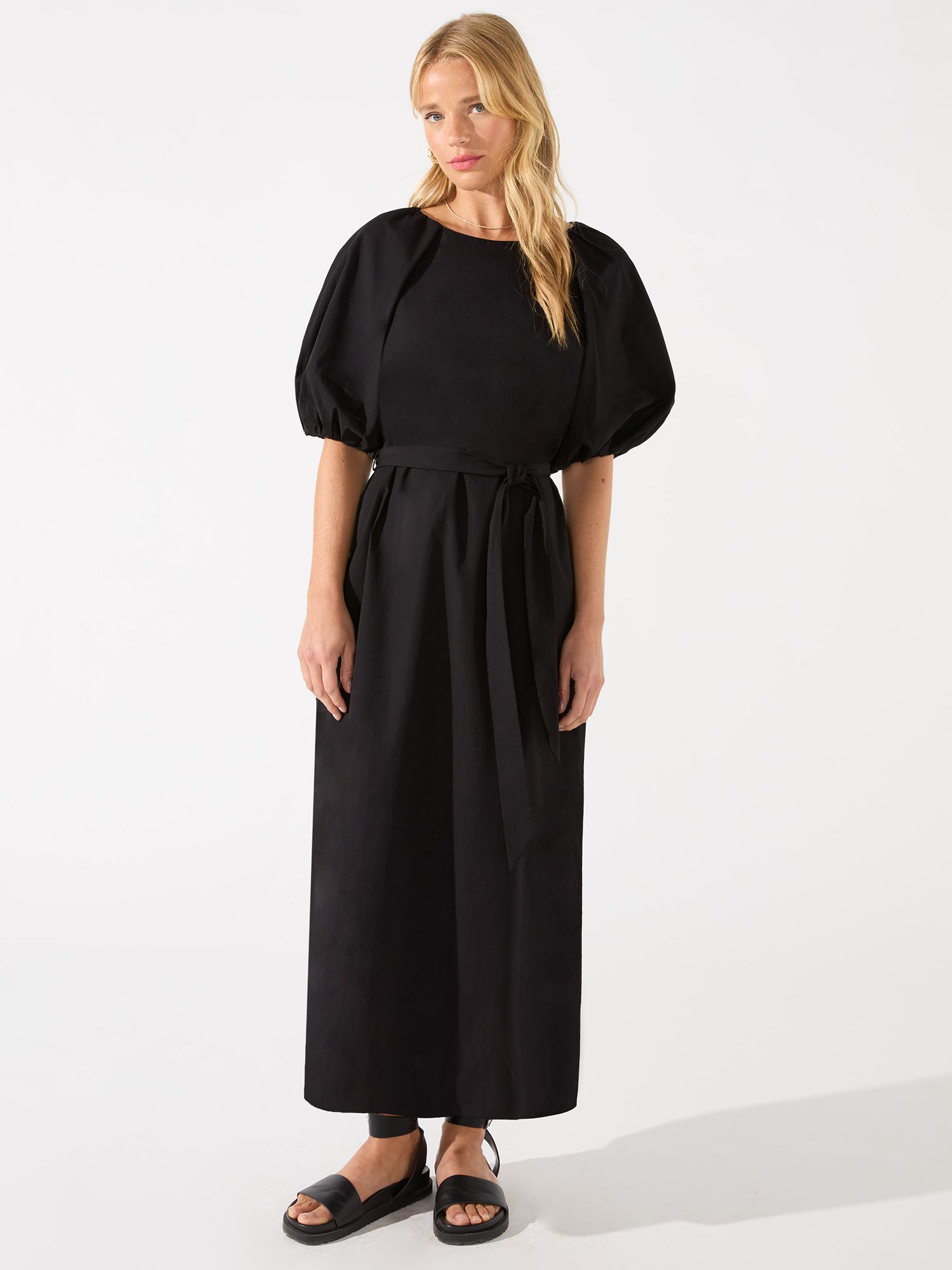 Ro&Zo Petite Plain Puff Sleeve Midi Dress, Black at John Lewis & Partners