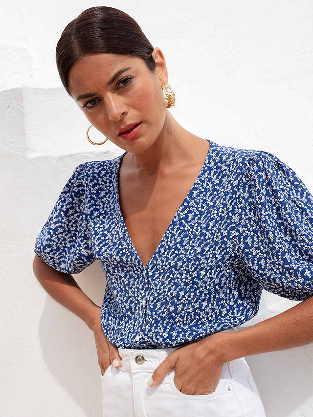 Ro&Zo Ditsy Print Button Front Top, Blue at John Lewis & Partners
