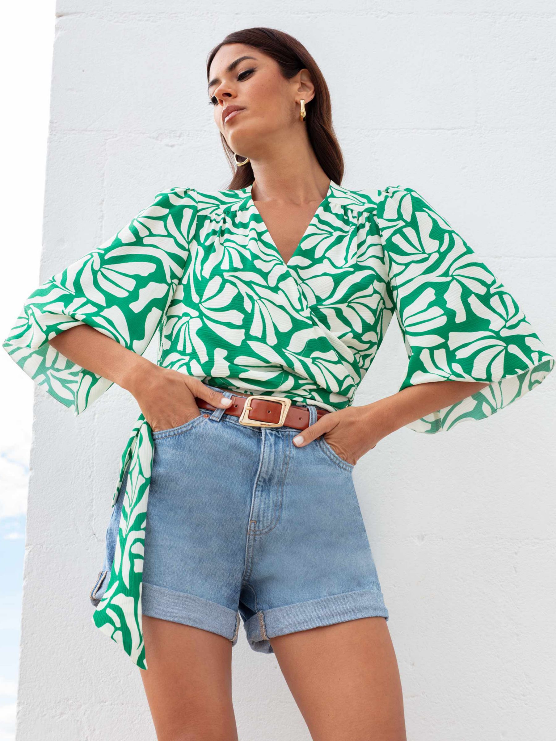 Ro&Zo Graphic Print Wrap Top, Green/White at John Lewis & Partners