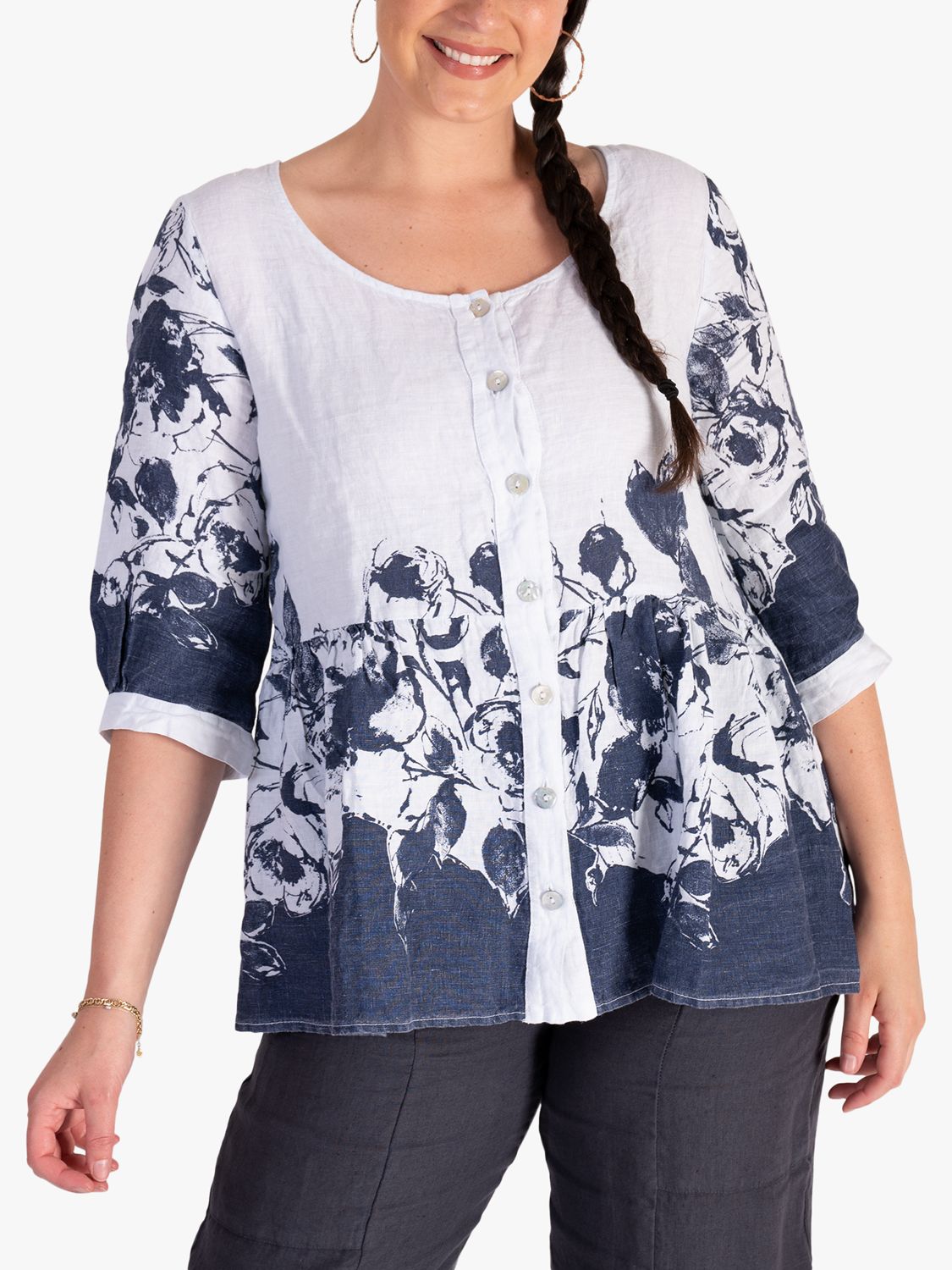 chesca Curve Floral Print Linen Jacket, Navy/White, 12-14
