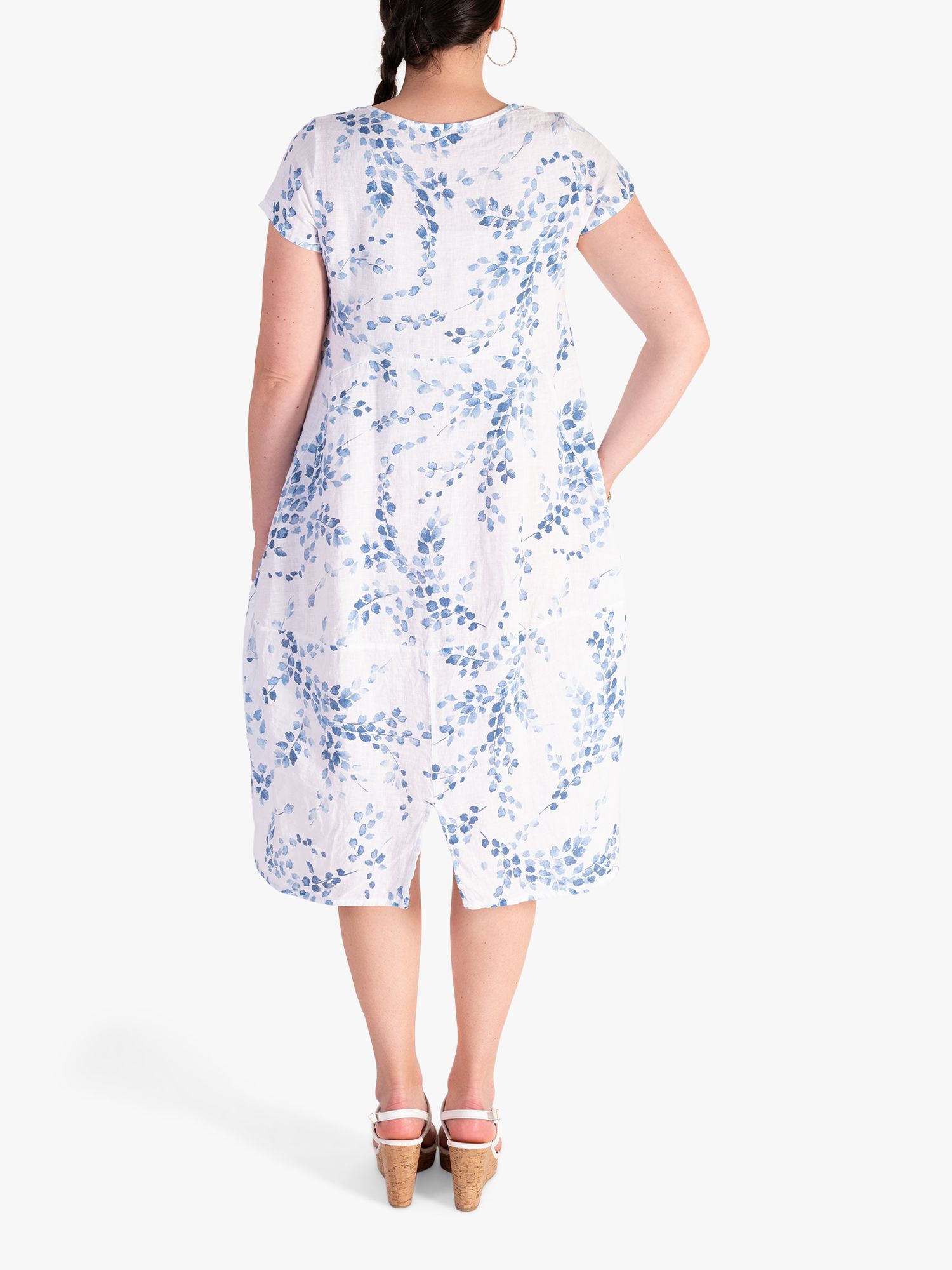 chesca Curve Floral Print Linen Midi Dress, Blue/White, 12-14