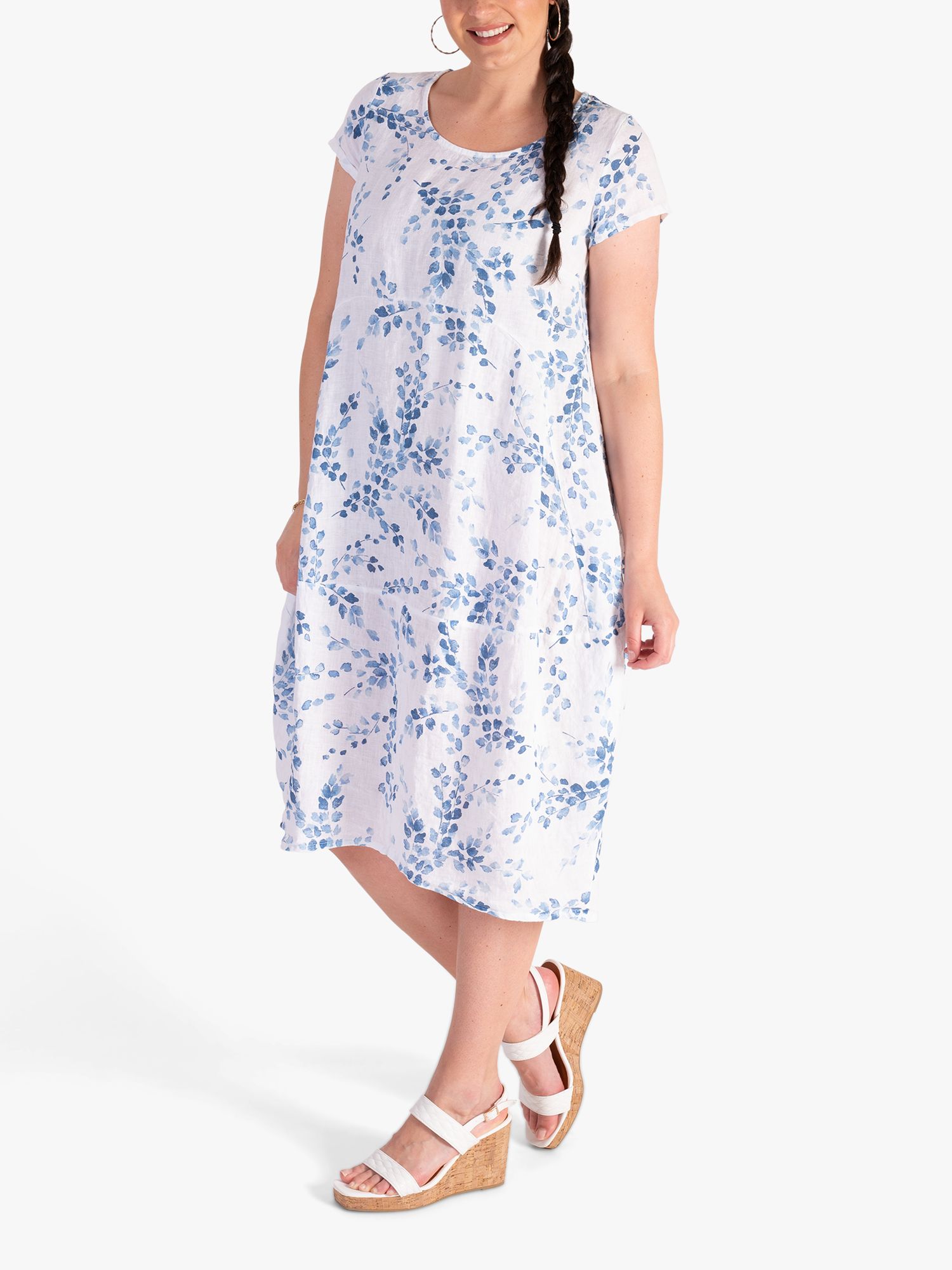 chesca Curve Floral Print Linen Midi Dress, Blue/White, 12-14