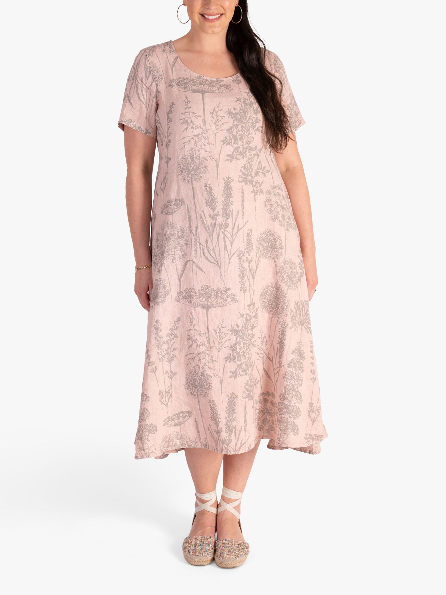 chesca Curve Botanical Print Linen Midi Dress, Pink/Grey, 12-14
