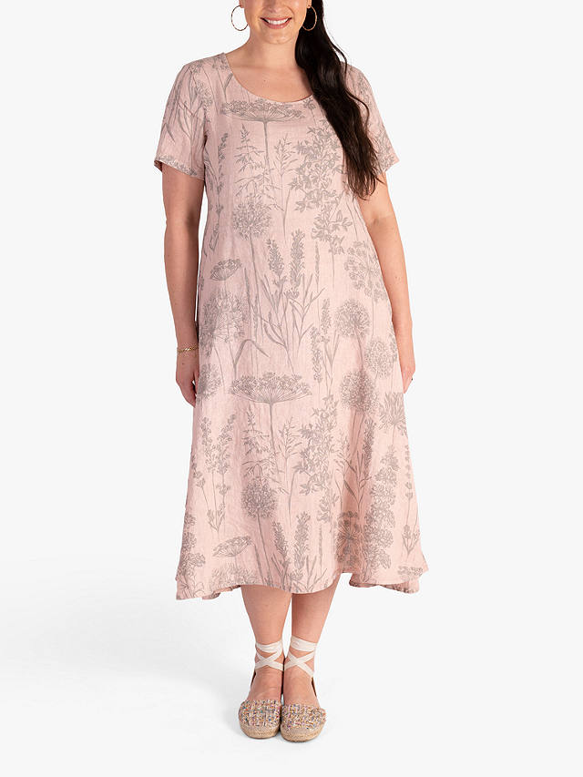 chesca Curve Botanical Print Linen Midi Dress, Pink/Grey