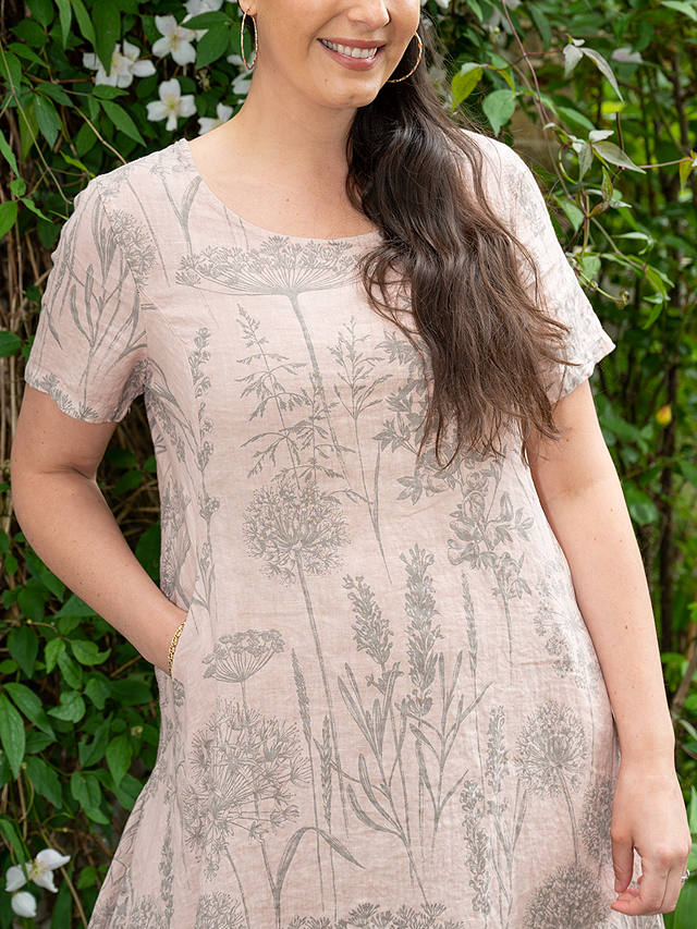 chesca Curve Botanical Print Linen Midi Dress, Pink/Grey