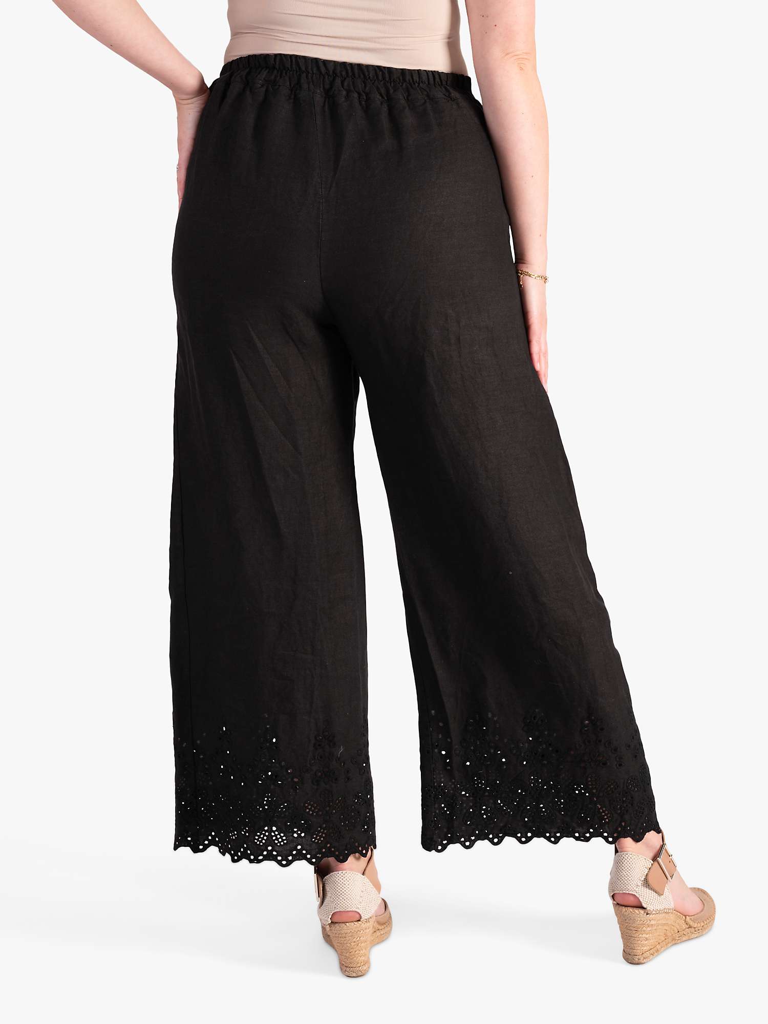chesca Curve Lace Trim Embroidered Linen Trousers, Black at John Lewis ...