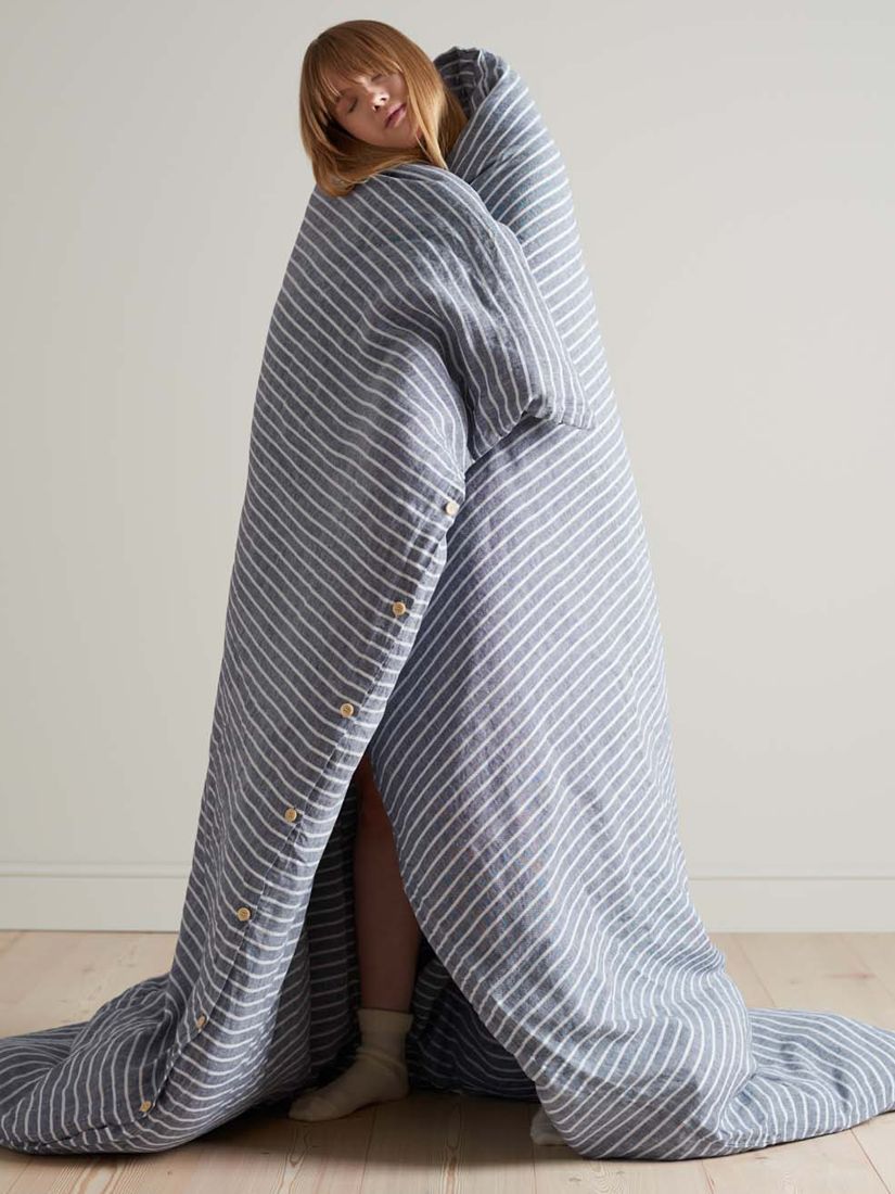 Bedfolk 100% Linen Stripe King Duvet Cover, Blue