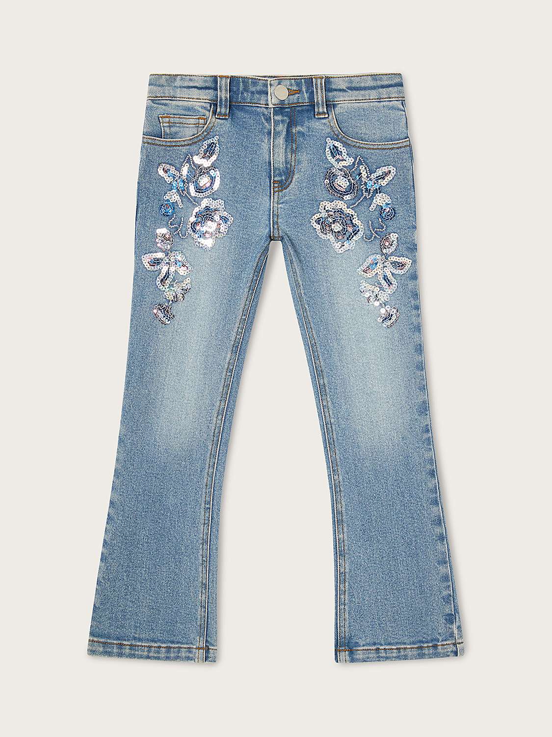 Buy Monsoon Kids' Sequin Floral Flared Jeans, Blue Online at johnlewis.com