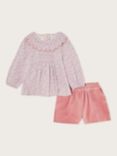 Monsoon Baby Bird Blouse & Velour Shorts Set, Pink