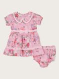 Monsoon Baby Vintage Floral Print Dress and Knicker Set, Pale Pink