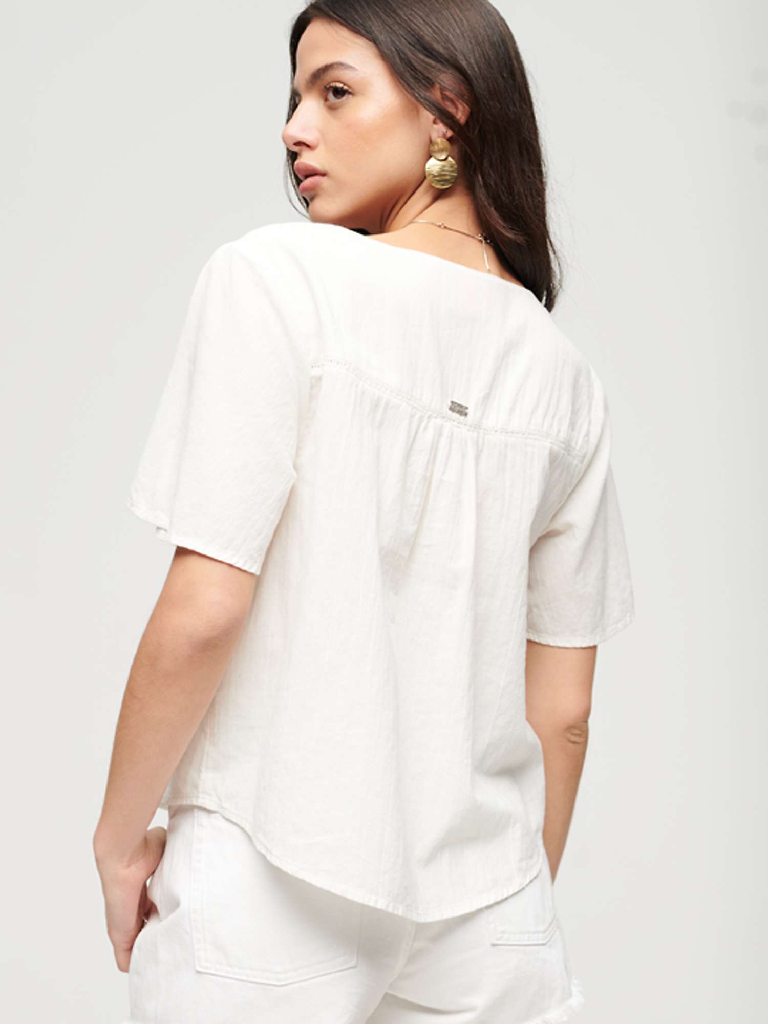 Buy Superdry Short Sleeve Embroidered Button Top, Ecru Online at johnlewis.com