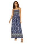 Yumi Border Floral Print Shirred Maxi Dress, Navy, Navy