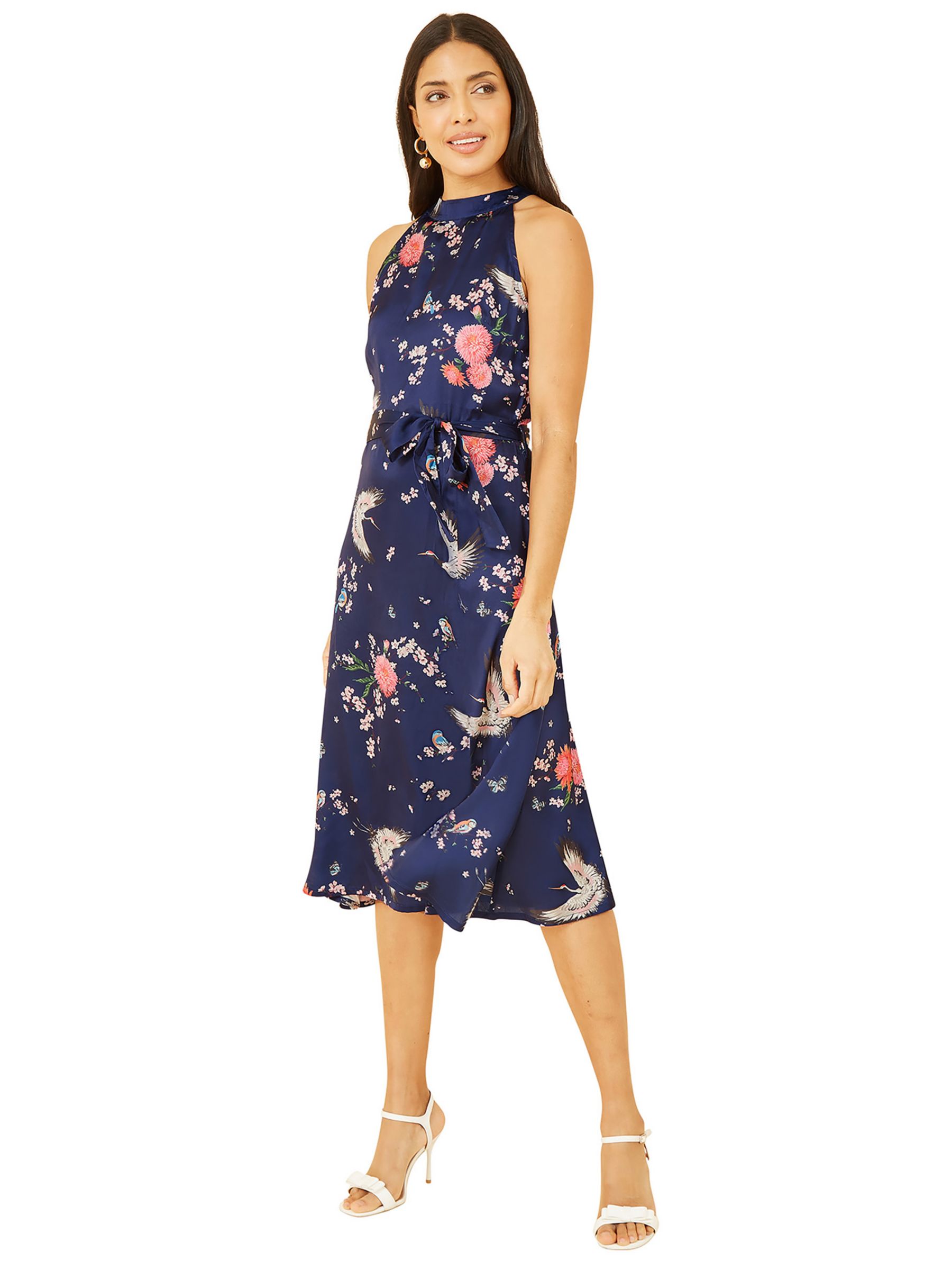 Yumi Satin Crane Print Dress, Navy at John Lewis & Partners