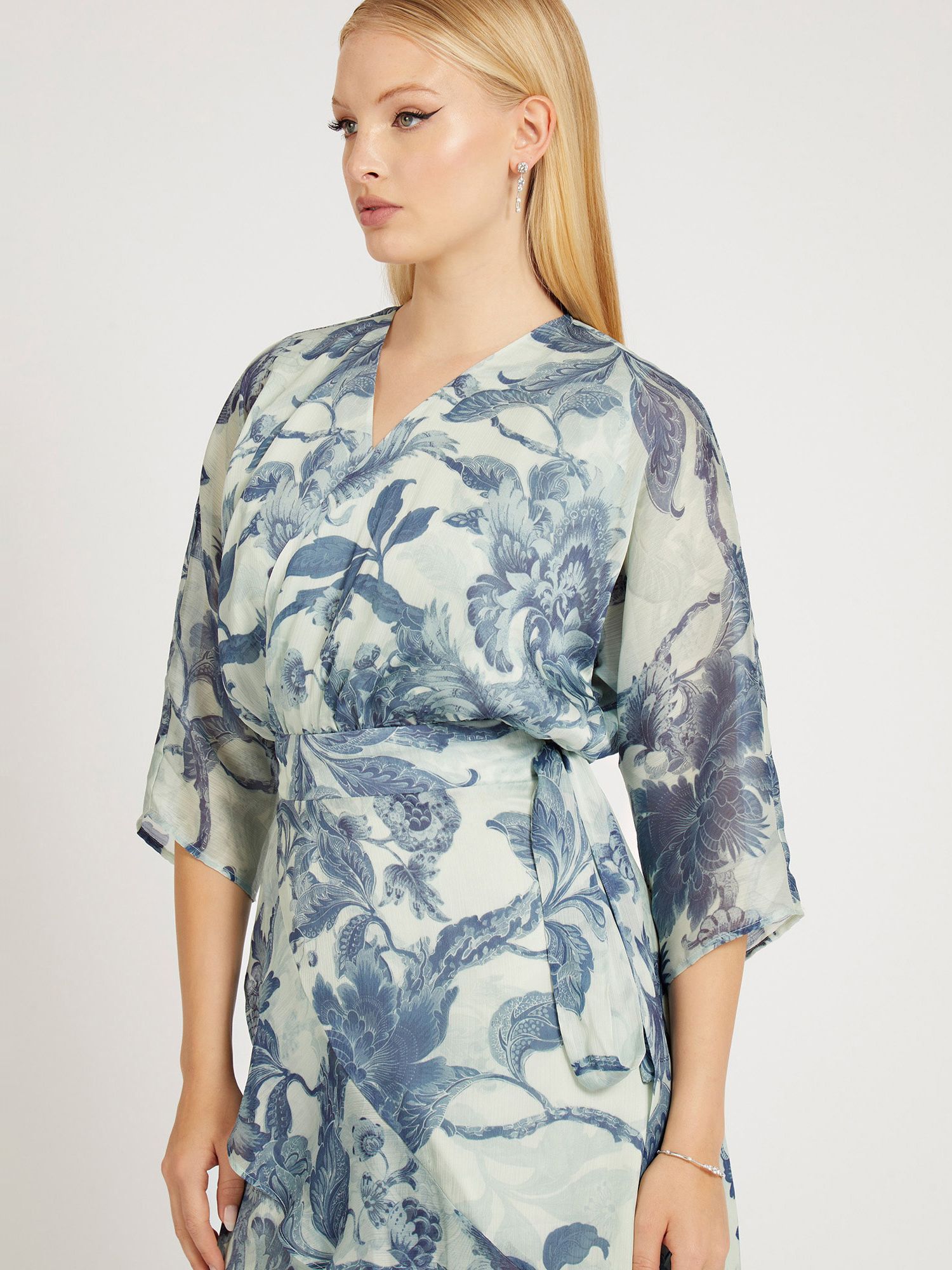 GUESS Ensley Three Quarter Length Sleeve Floral Wrap Dress, Porcelain, M