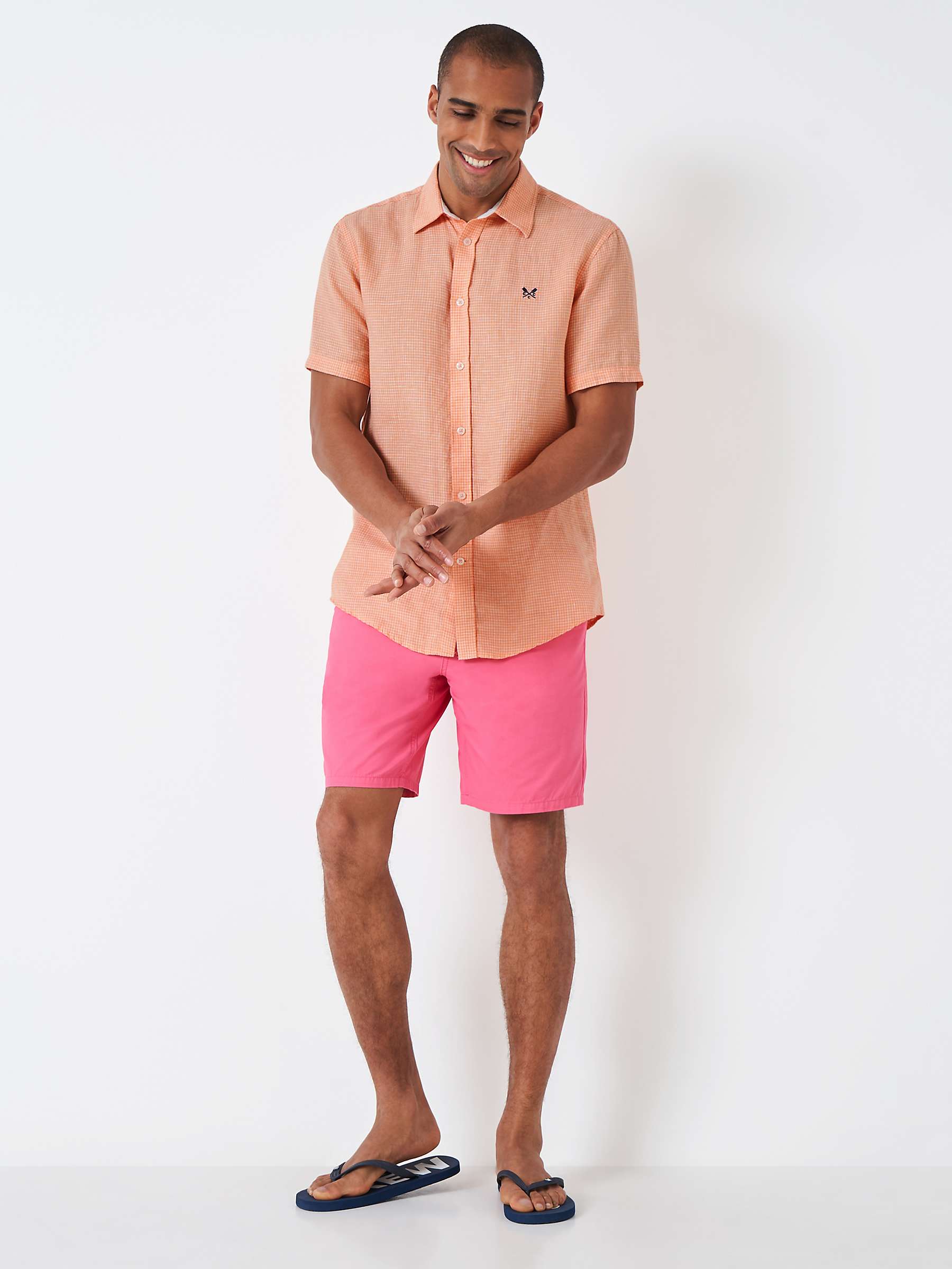 Buy Crew Clothing Check Linen Short Sleeve Shirt, Coral Online at johnlewis.com
