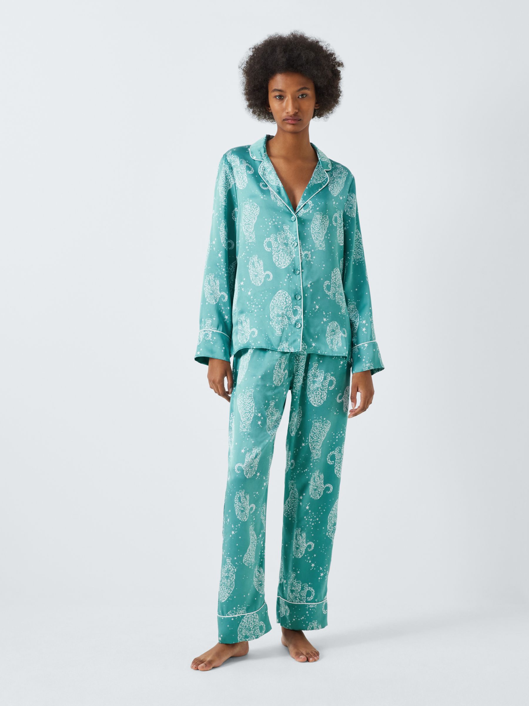 John Lewis Kendra Leopard Shirt Silk Long Pyjama Set, Teal at John ...