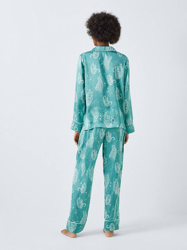 John Lewis Kendra Leopard Shirt Silk Long Pyjama Set, Teal
