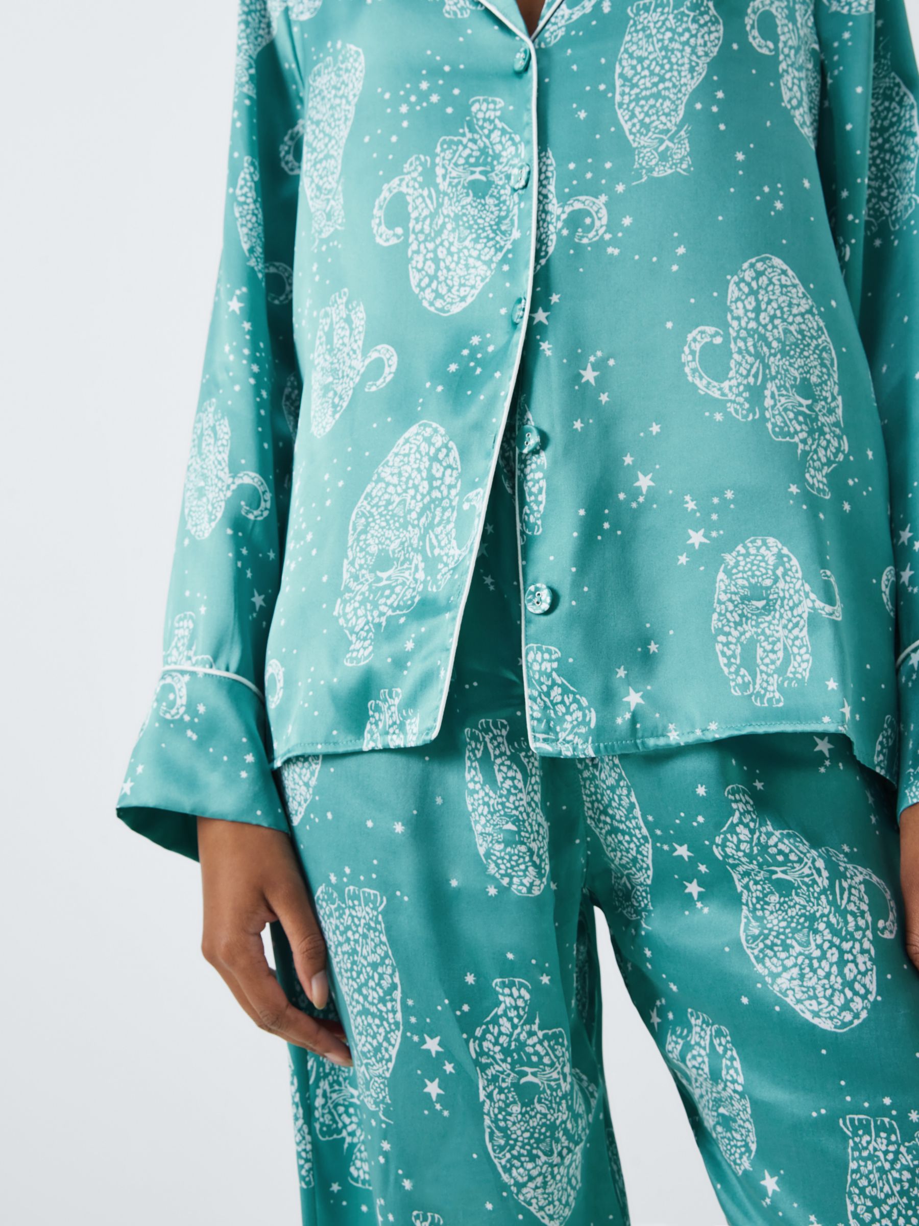 John Lewis Kendra Leopard Shirt Silk Long Pyjama Set, Teal, L