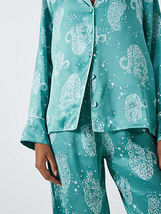 John Lewis Kendra Leopard Shirt Silk Long Pyjama Set, Teal