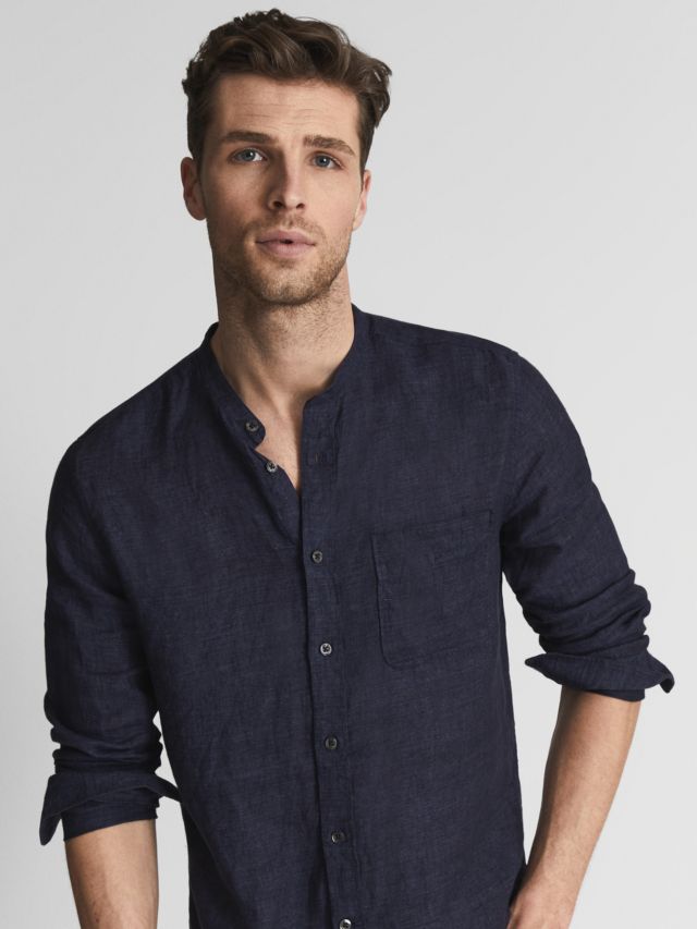 Reiss Ocean Grandad Collar Linen Shirt, Navy, XS