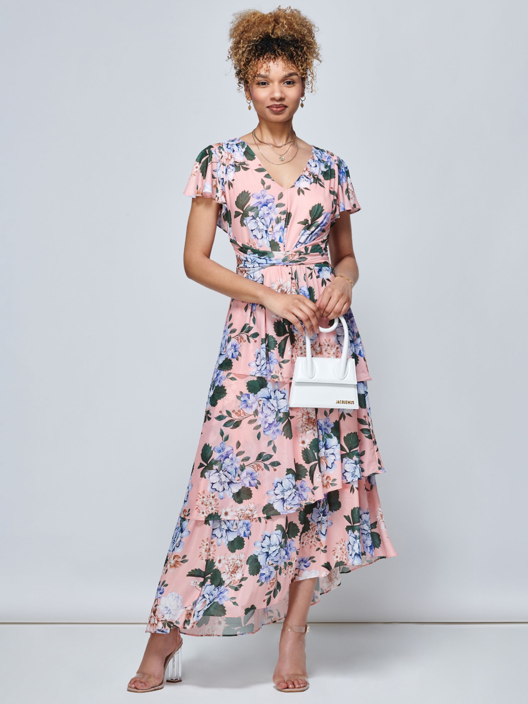 Jolie Moi Danica Floral Print Tiered Maxi Dress, Pink/Multi, 12