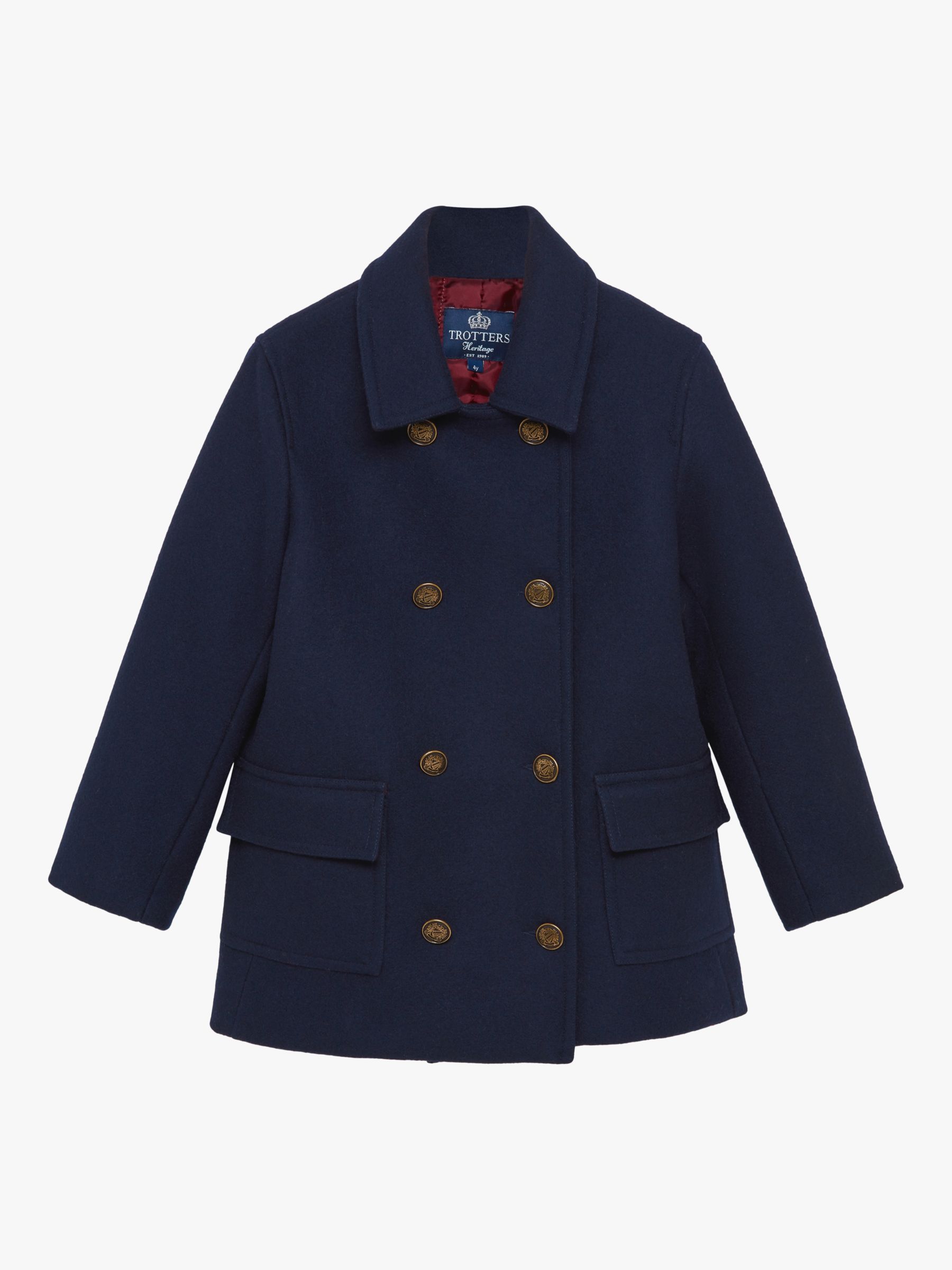Trotters Kids' Double Breasted Wool Coat, Navy, 2 years