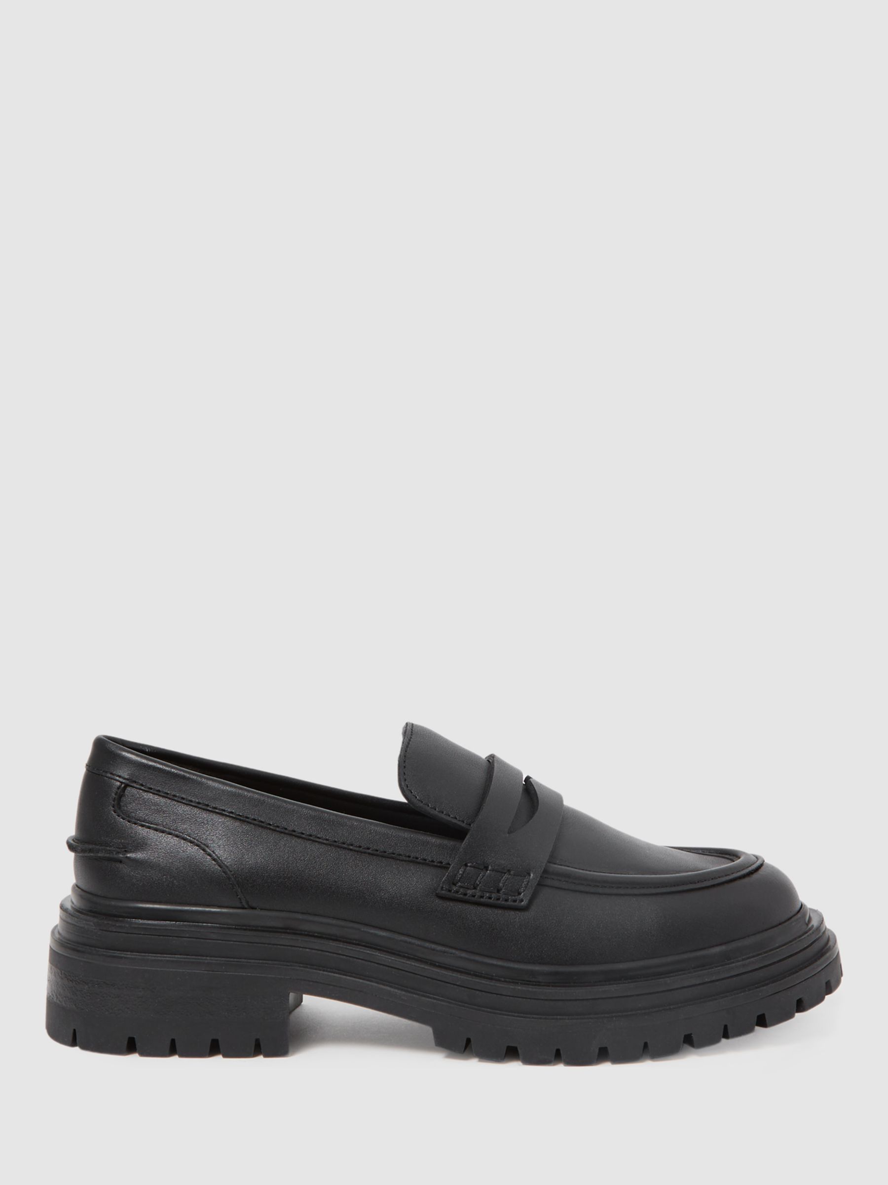 Reiss Adele Leather Chunky Cleated Loafers, Black at John Lewis & Partners