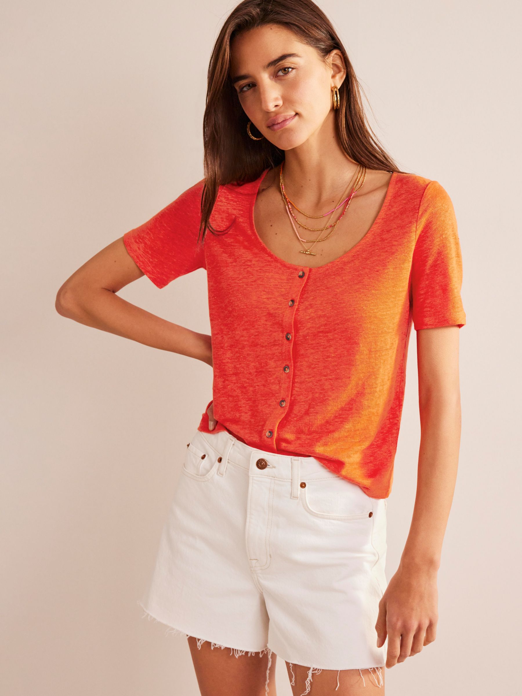 Boden Scoop Neck Button Through Linen T-Shirt, Blood Orange