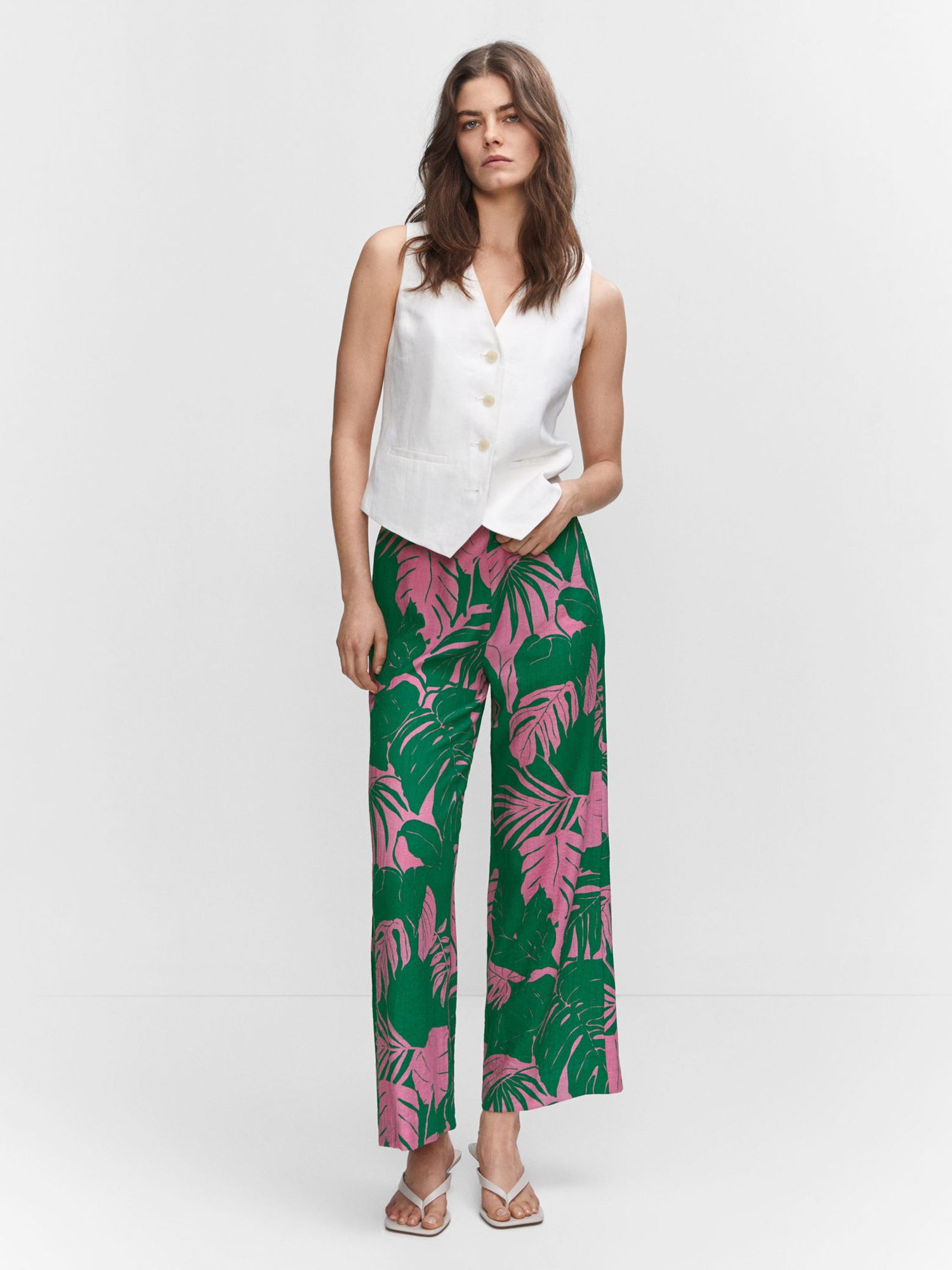 Mango Mila Palm Print Trousers, Green at John Lewis & Partners