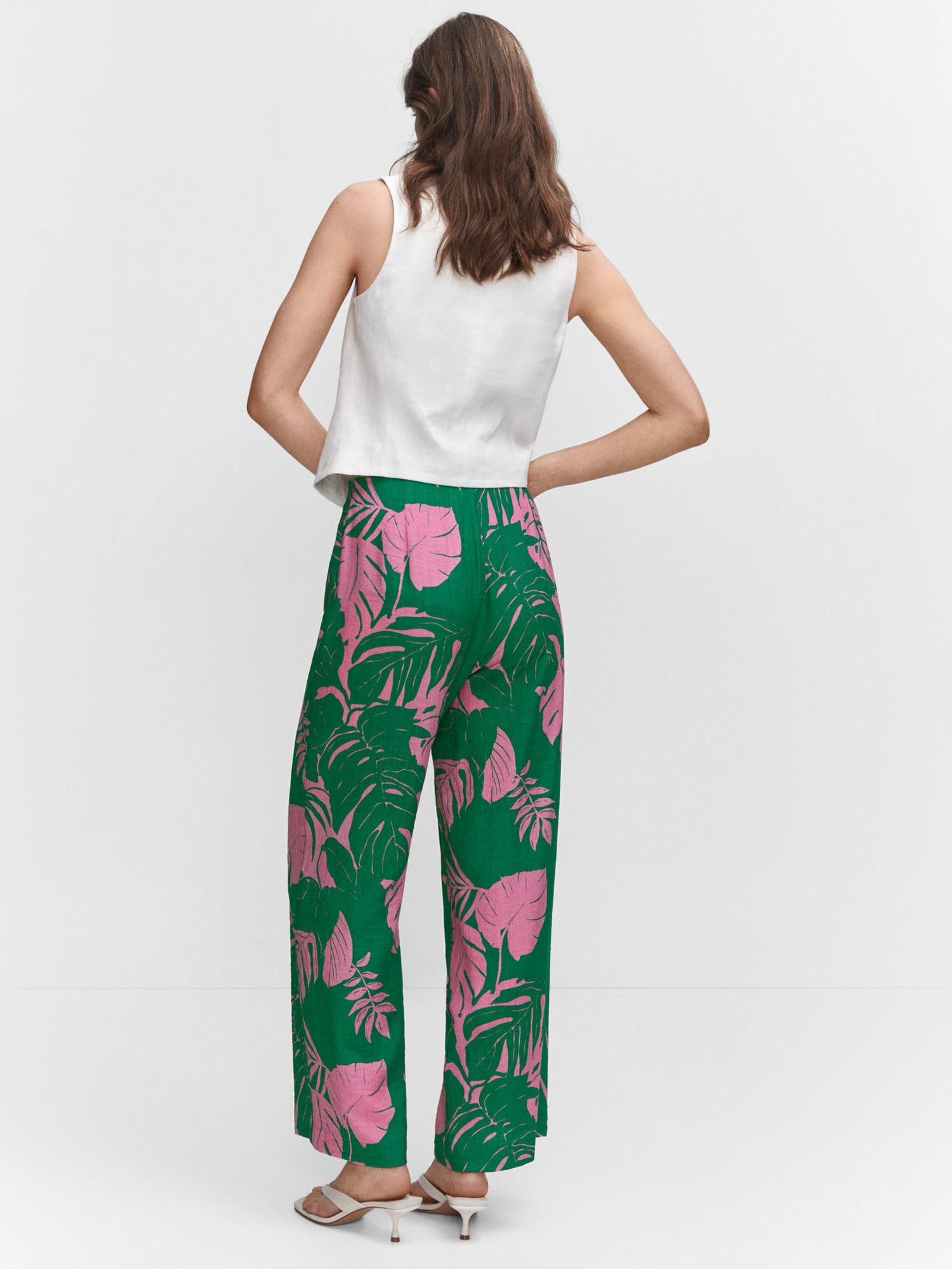 Mango Mila Palm Print Trousers, Green at John Lewis & Partners