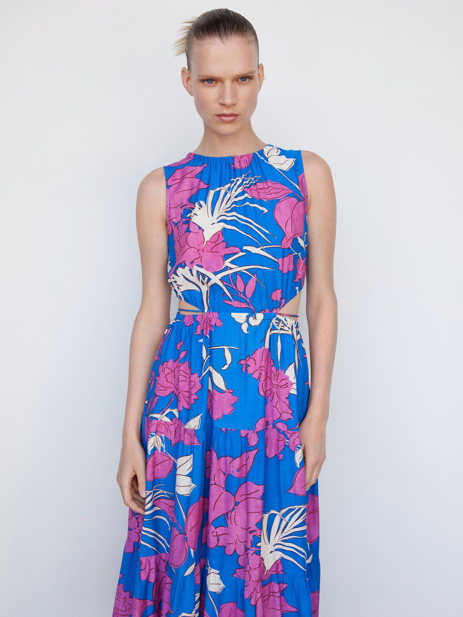 Mango Nuti Floral Cut Out Midi Dress, Medium Blue at John Lewis & Partners