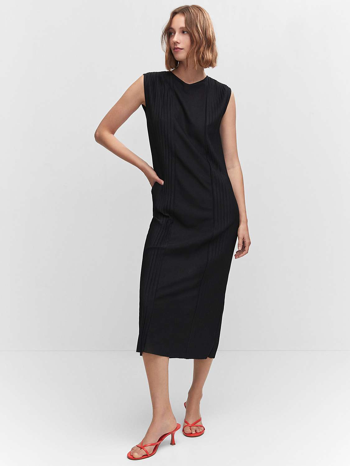 Mango Pleat Detail Midi Dress, Black at John Lewis & Partners