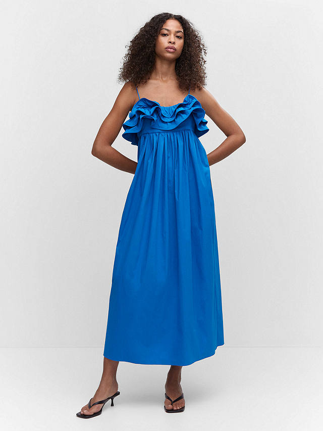 Mango Miel Plain Ruffle Midi Dress, Medium Blue at John Lewis & Partners