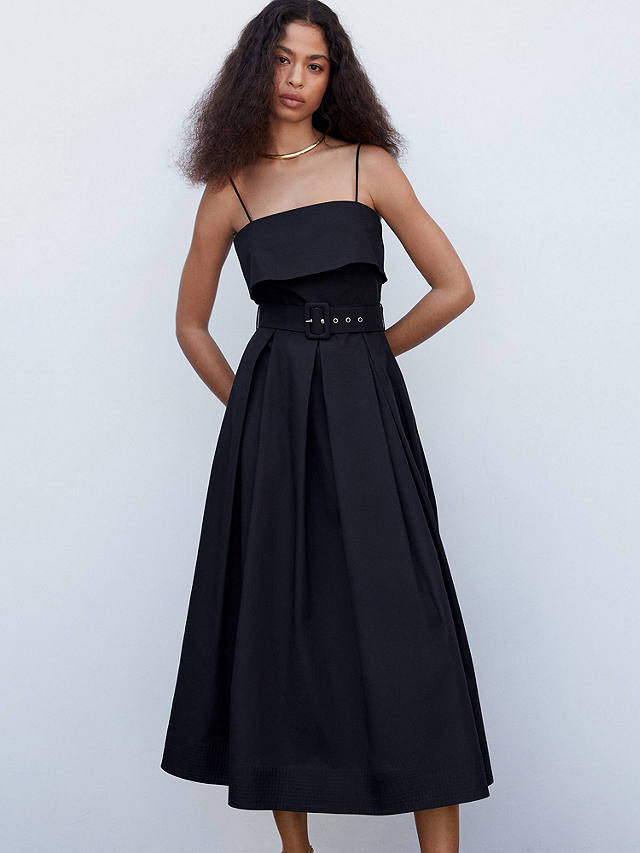 Mango Nicola Plain Belted Midi Dress, Black at John Lewis & Partners