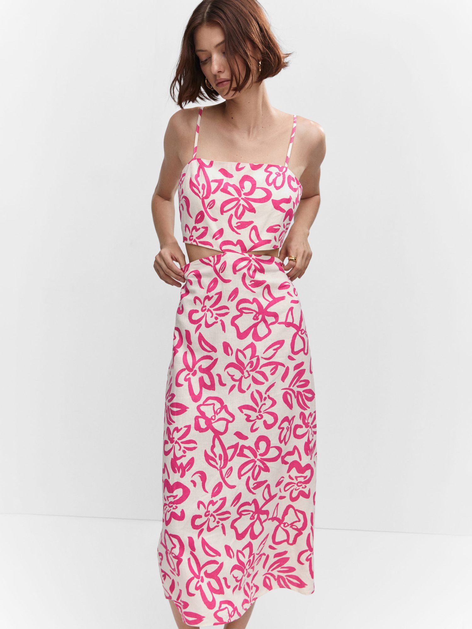 Mango Olimpia Floral Cut Out Linen Blend Midi Dress, Bright Pink, 4