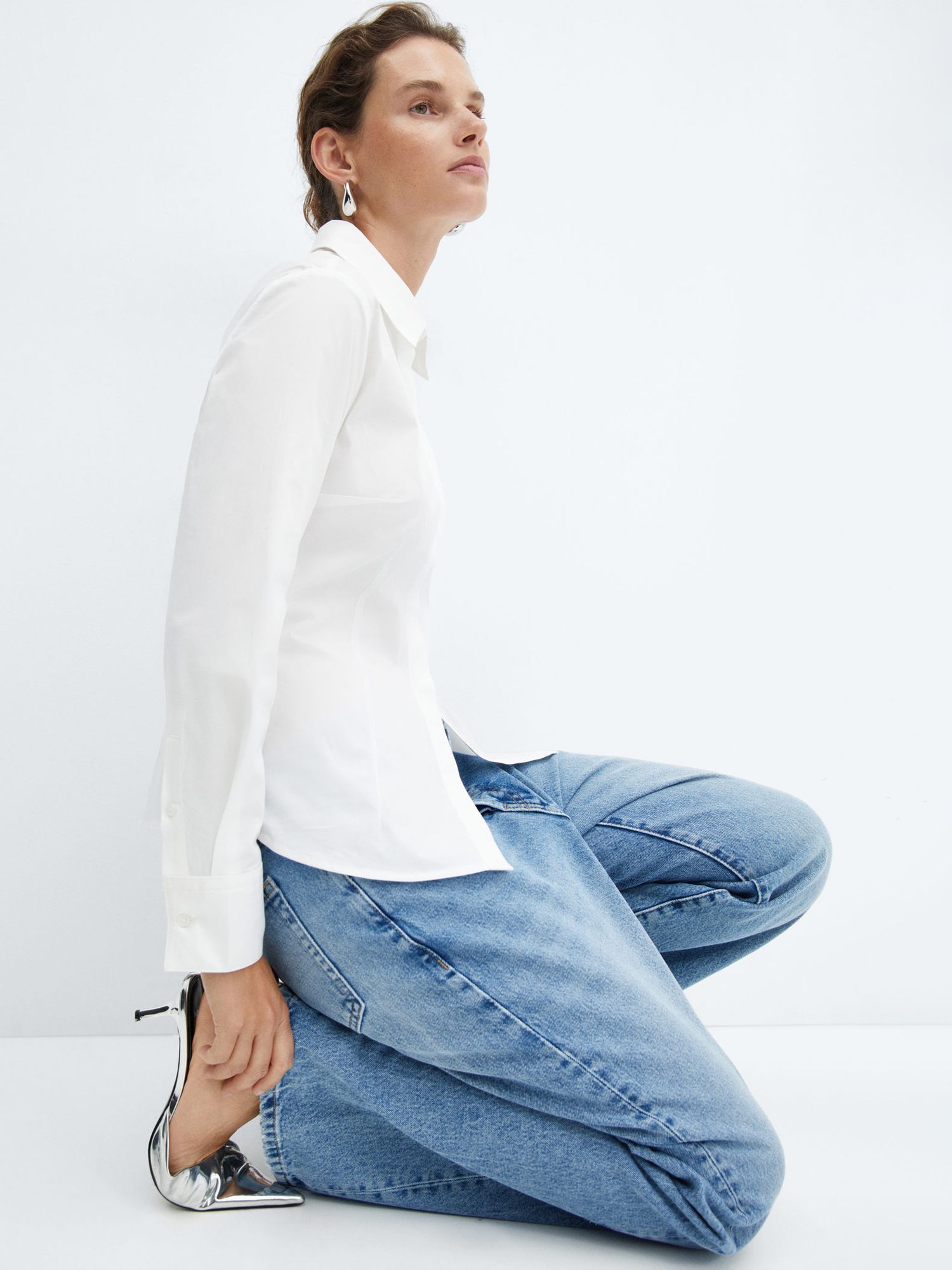 Mango Sofia Fitted Cotton Shirt, Natural White at John Lewis & Partners