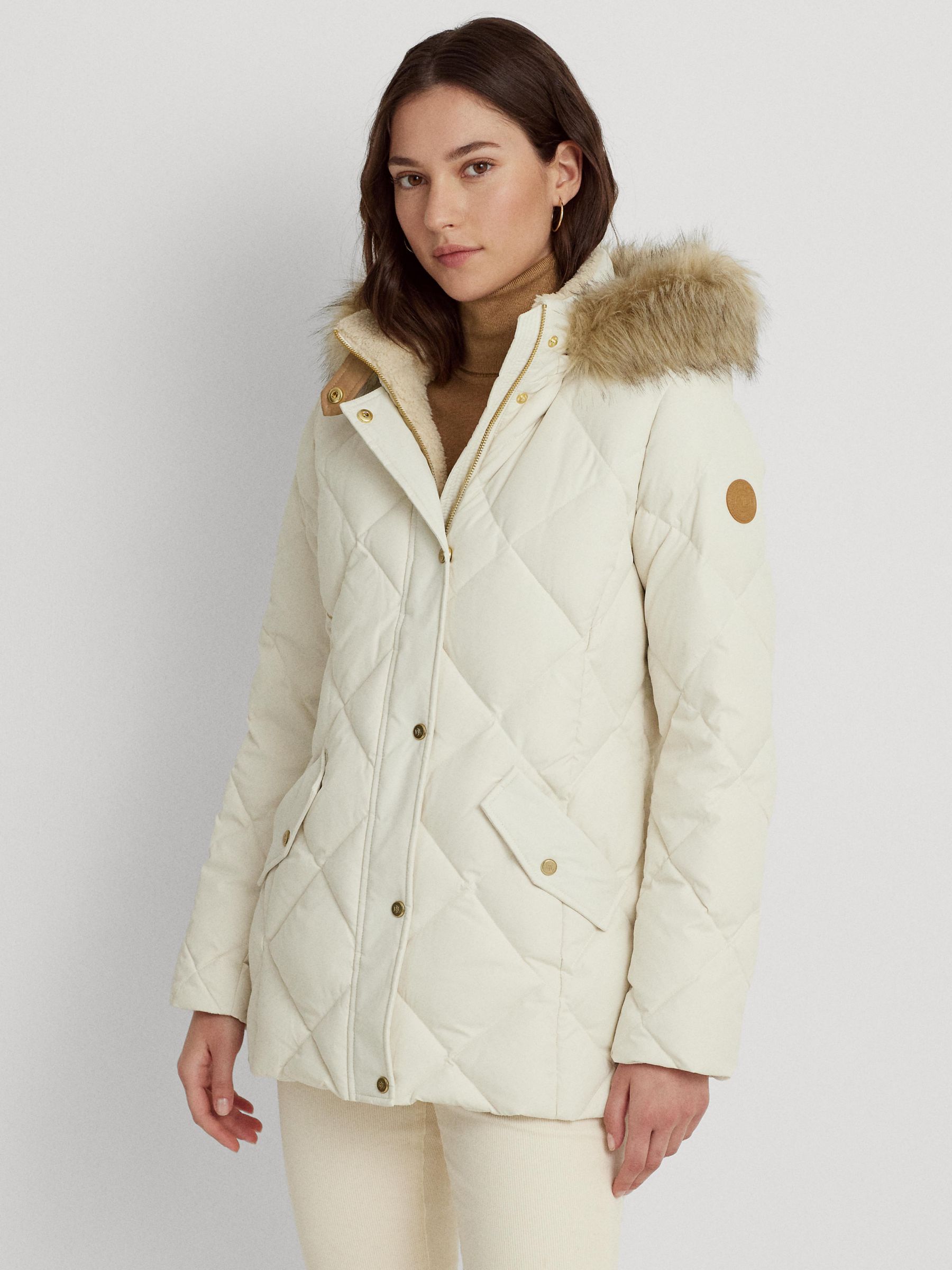 Lauren Ralph Lauren Faux Fur Trim Down Filled Coat, Cream, XS