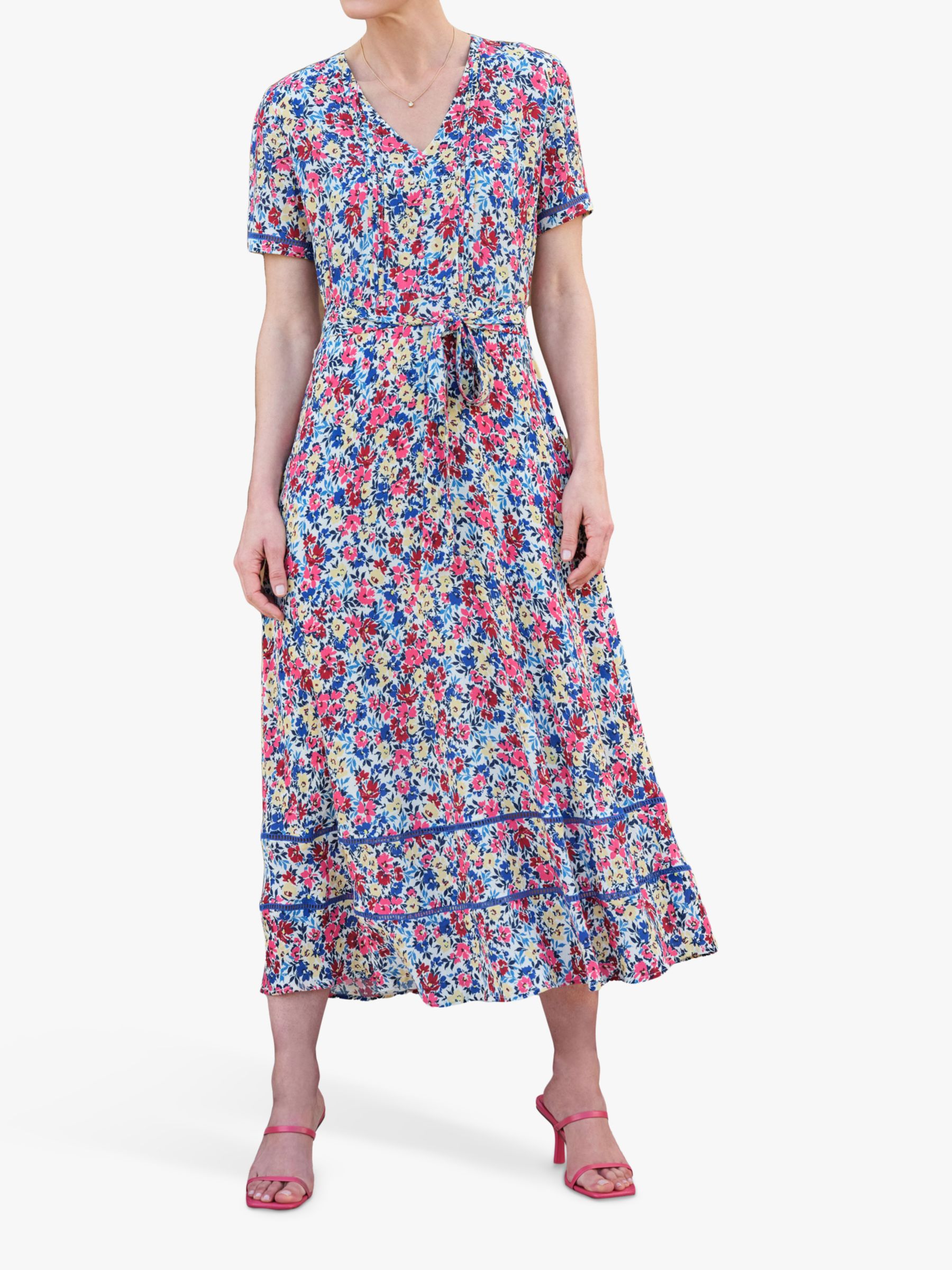 Pure Collection Floral V-Neck Midi Dress, Multi at John Lewis & Partners