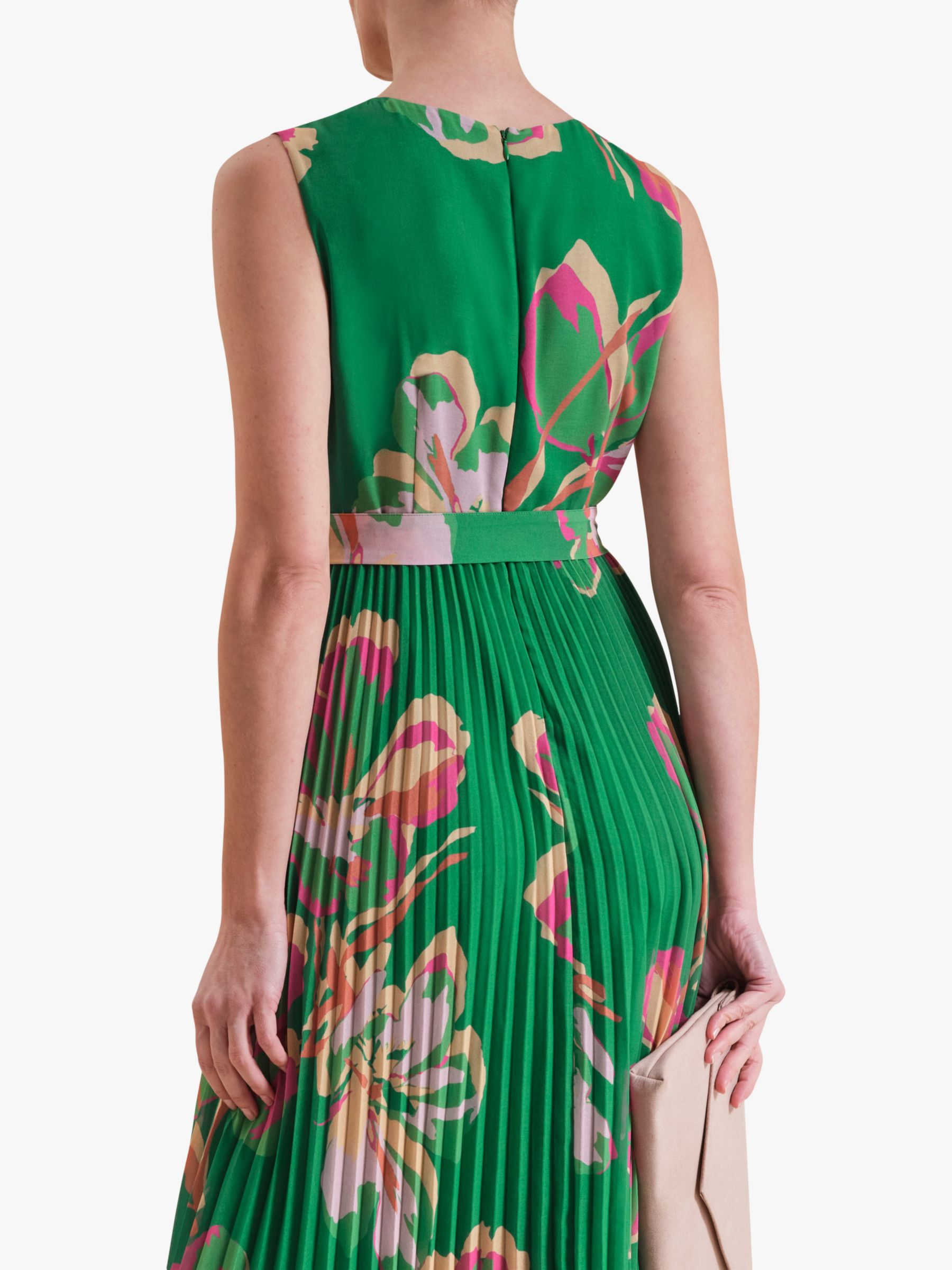 Pure Collection Pleated Midi Dress, Green/Multi, 10