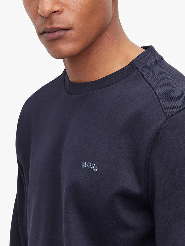 BOSS Salbo Curved Logo Embroidered Sweatshirt, Dark Blue