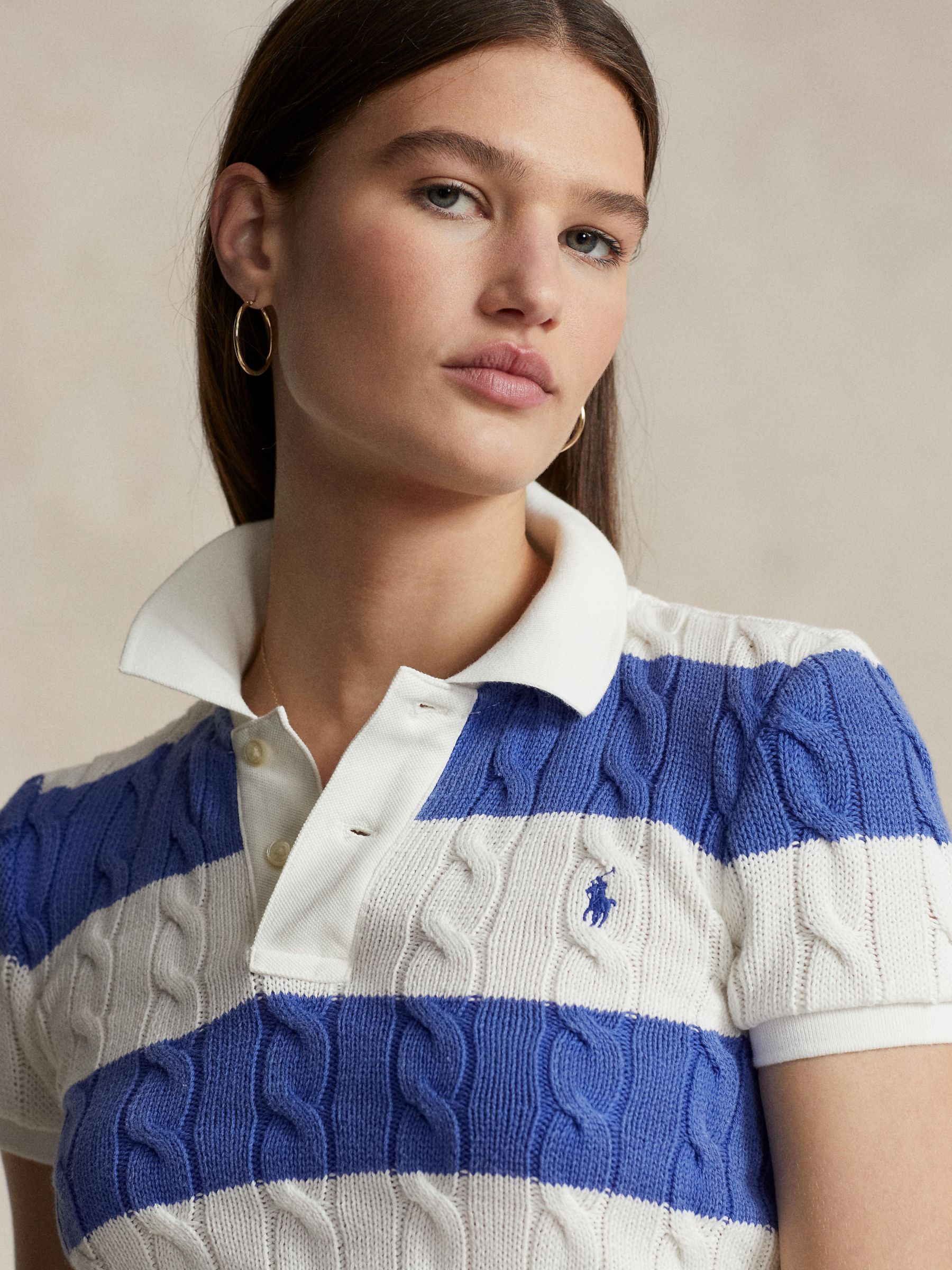 Polo Ralph Lauren Stripe Cable Knit Polo Shirt, Summer Royal/Cream at ...