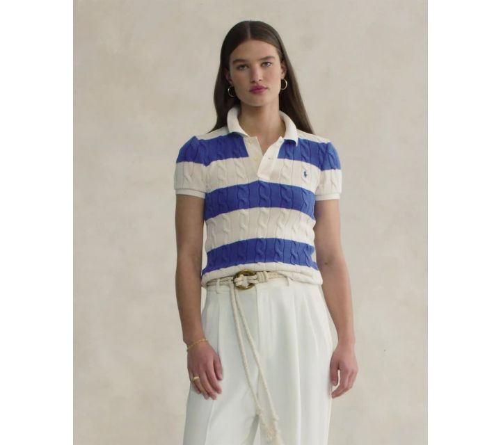 Polo Ralph Lauren Stripe Cable Knit Polo Shirt, Summer Royal/Cream, XS