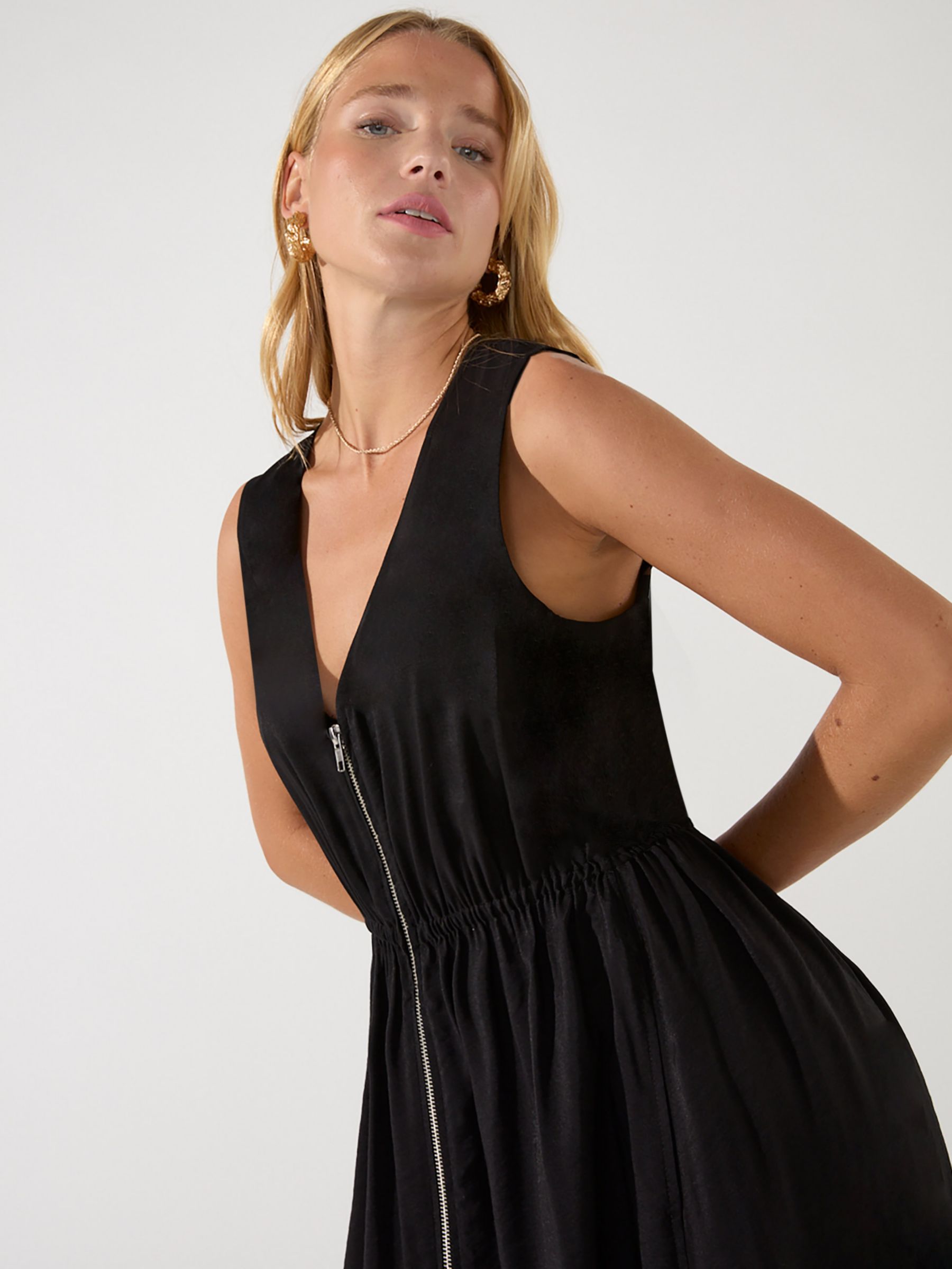 Ro&Zo Petite Zip Front Midi Dress, Black at John Lewis & Partners
