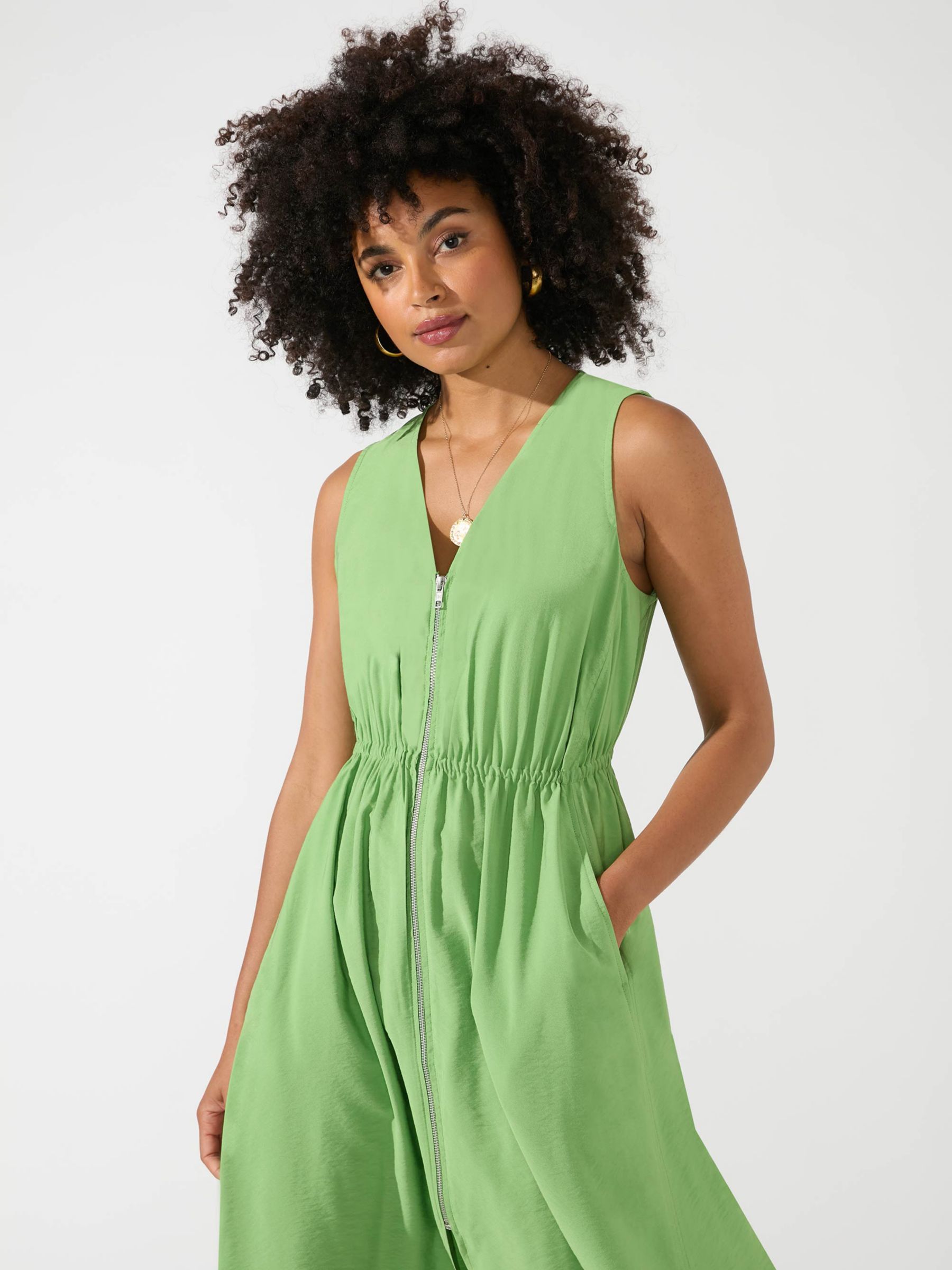 Ro&Zo Zip Front Sleeveless Midi Dress, Green at John Lewis & Partners