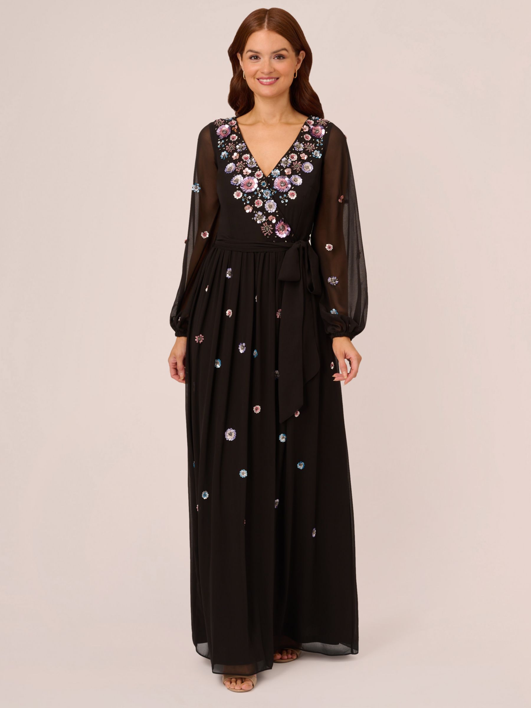 Adrianna Papell Beaded Long Sleeve Maxi Dress, Black/Multi