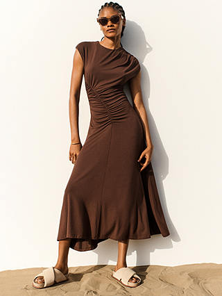 Jigsaw Plain Drape Pleat Dress, Brown