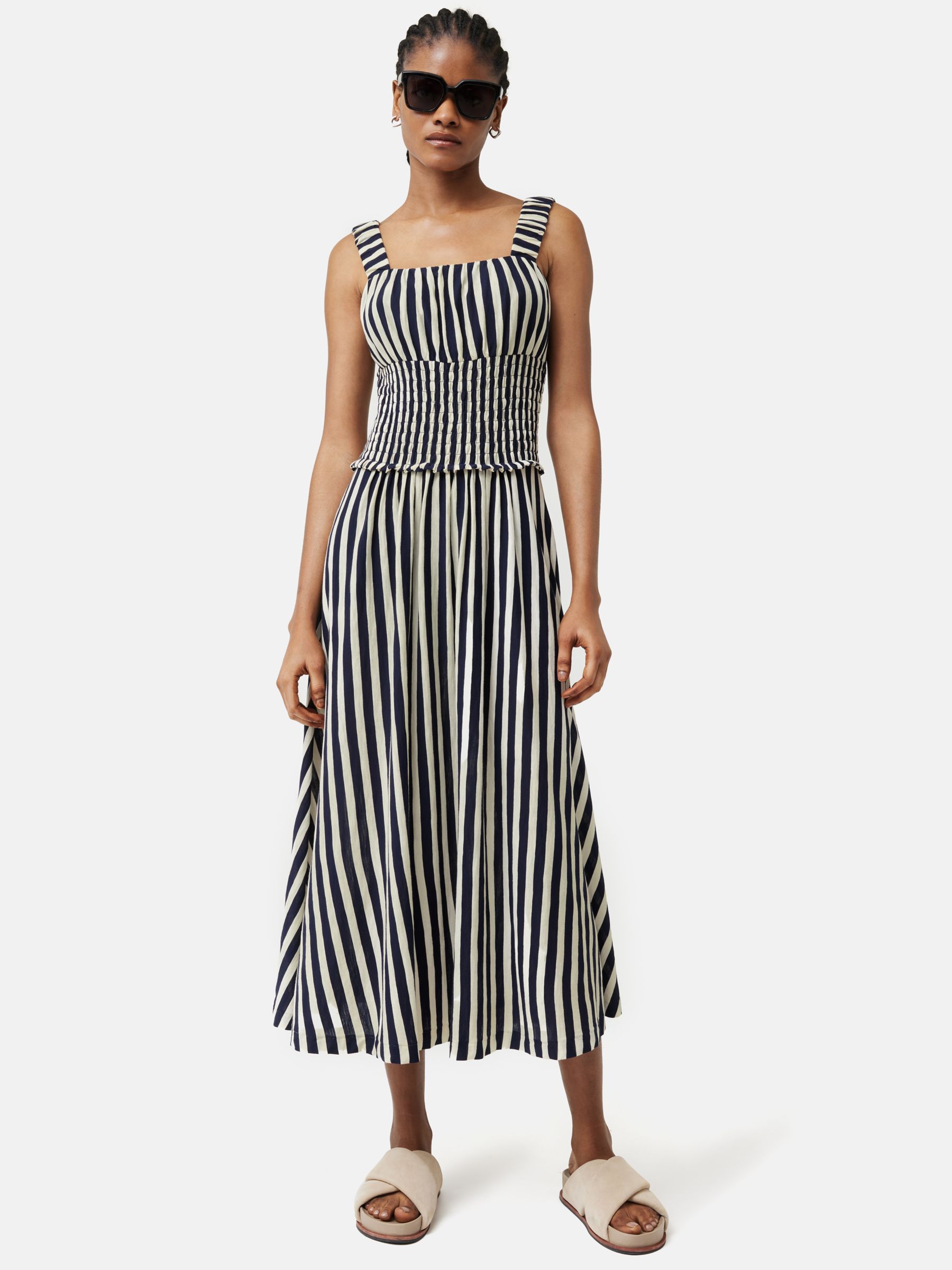 Jigsaw Stripe Shirred Waist Slub Cotton Midi Dress, Navy