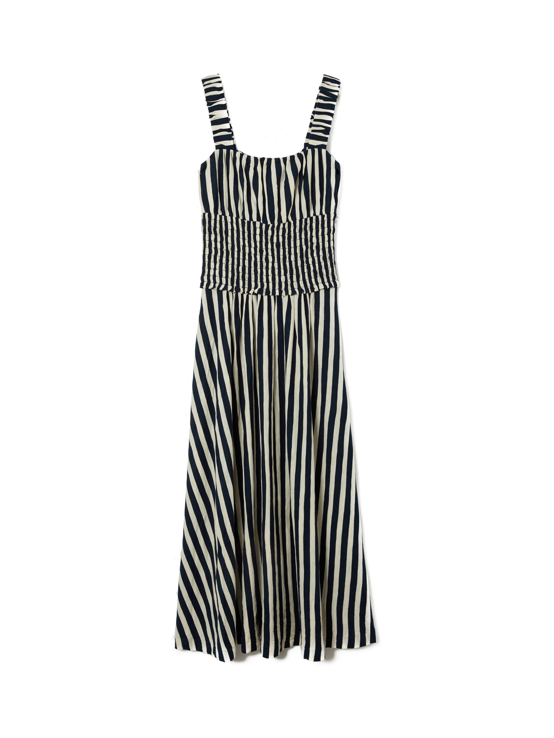 Jigsaw Stripe Shirred Waist Slub Cotton Midi Dress, Navy, XS