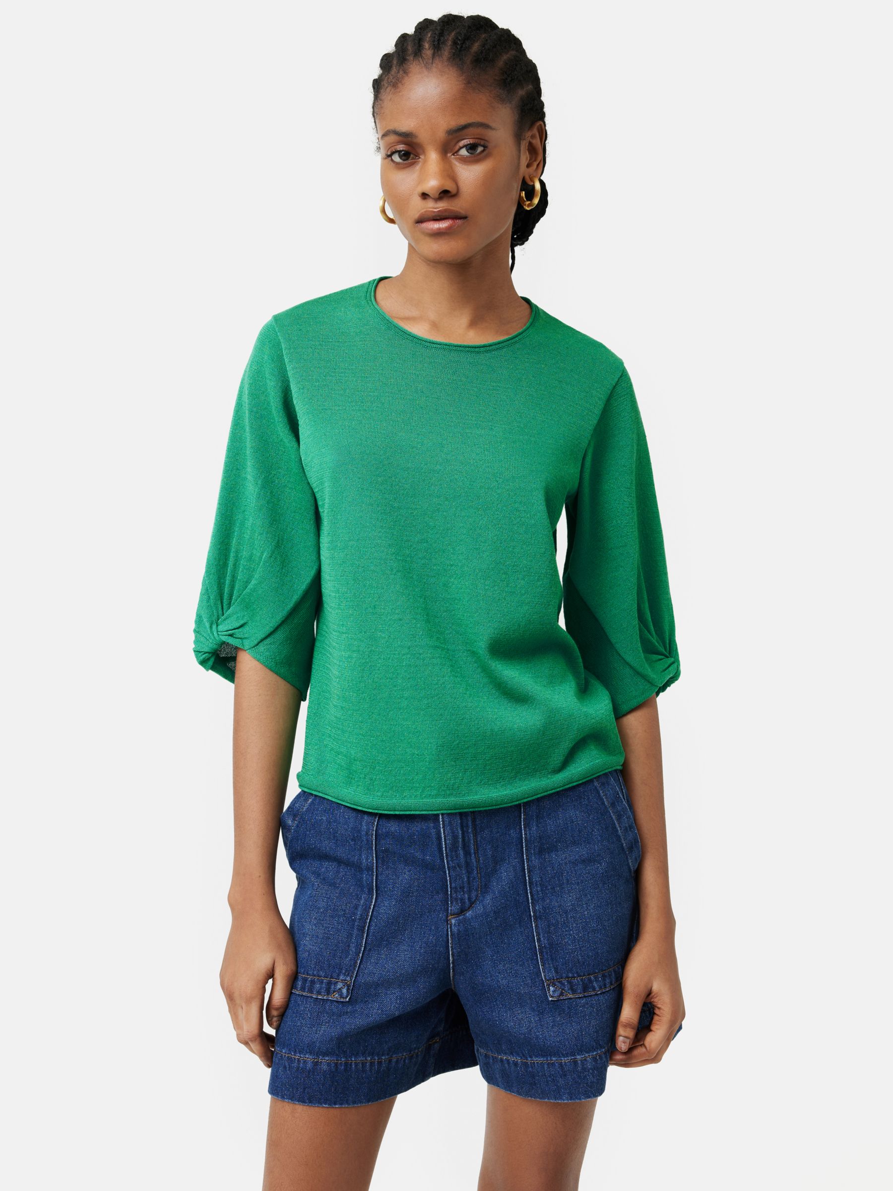 Jigsaw Plain Twist Sleeve Knit Linen Blend Top, Green, XS
