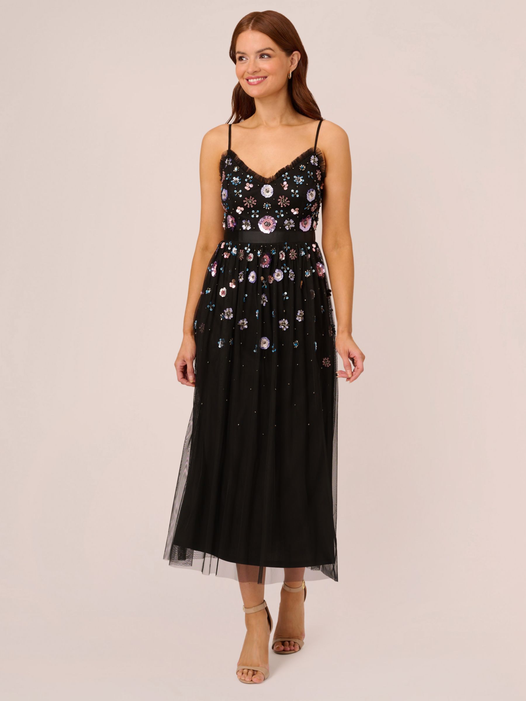 Adrianna Papell Floral Beaded Midi Mesh Dress, Black/Multi